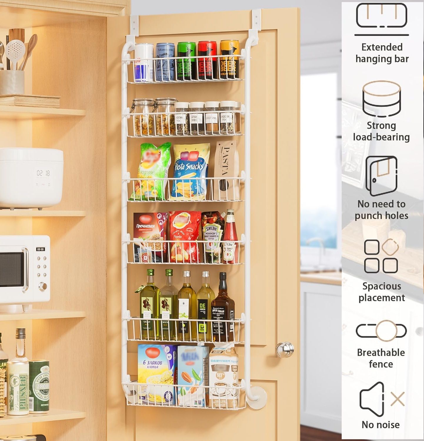 CARLA HOME 6-Tier Over the Door Organizer Heavy-Duty Metal Pantry Rack with Hanging Baskets for Home Kitchen V178-36341
