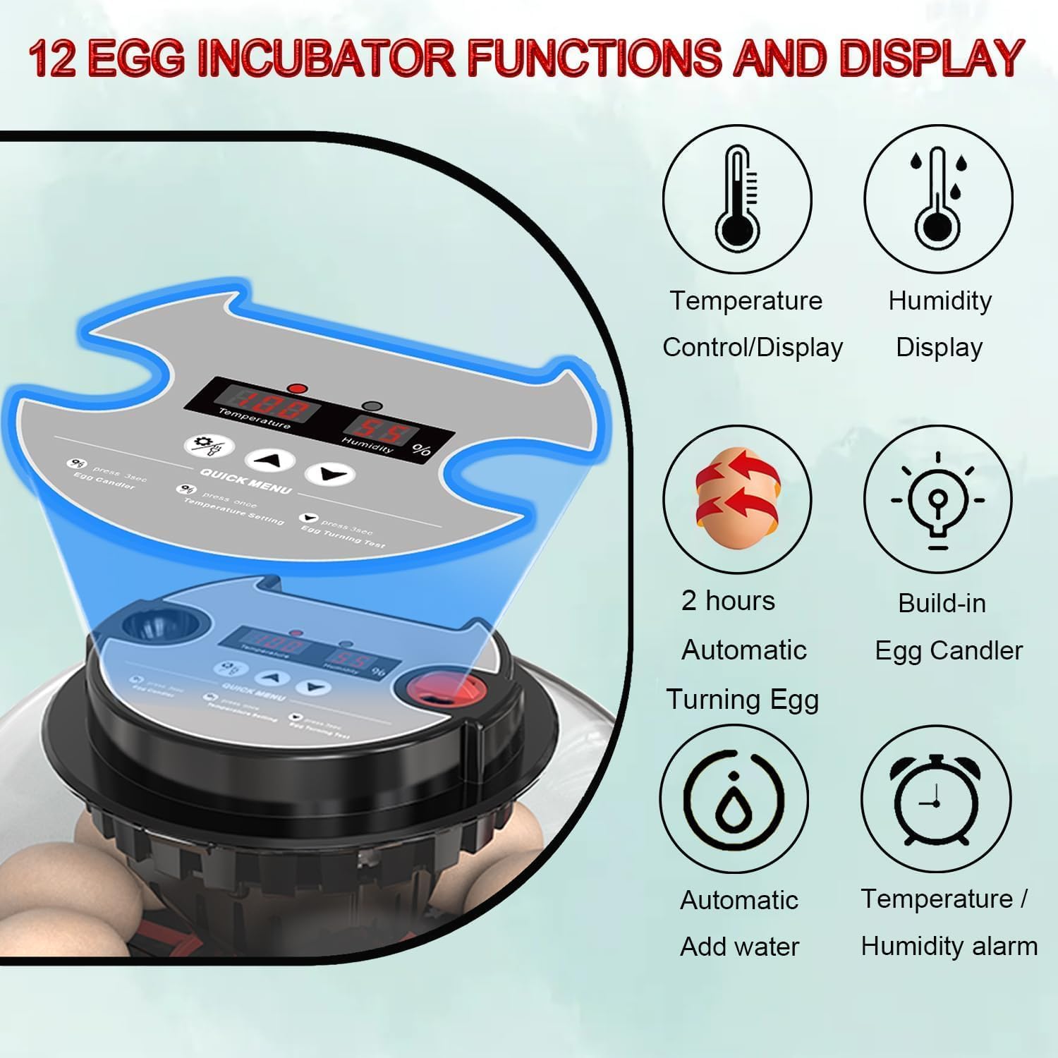CARLA HOME 12 Egg Incubator with Automatic Turning, LED Display, Humidity & Temperature Control, Auto Water V178-36343
