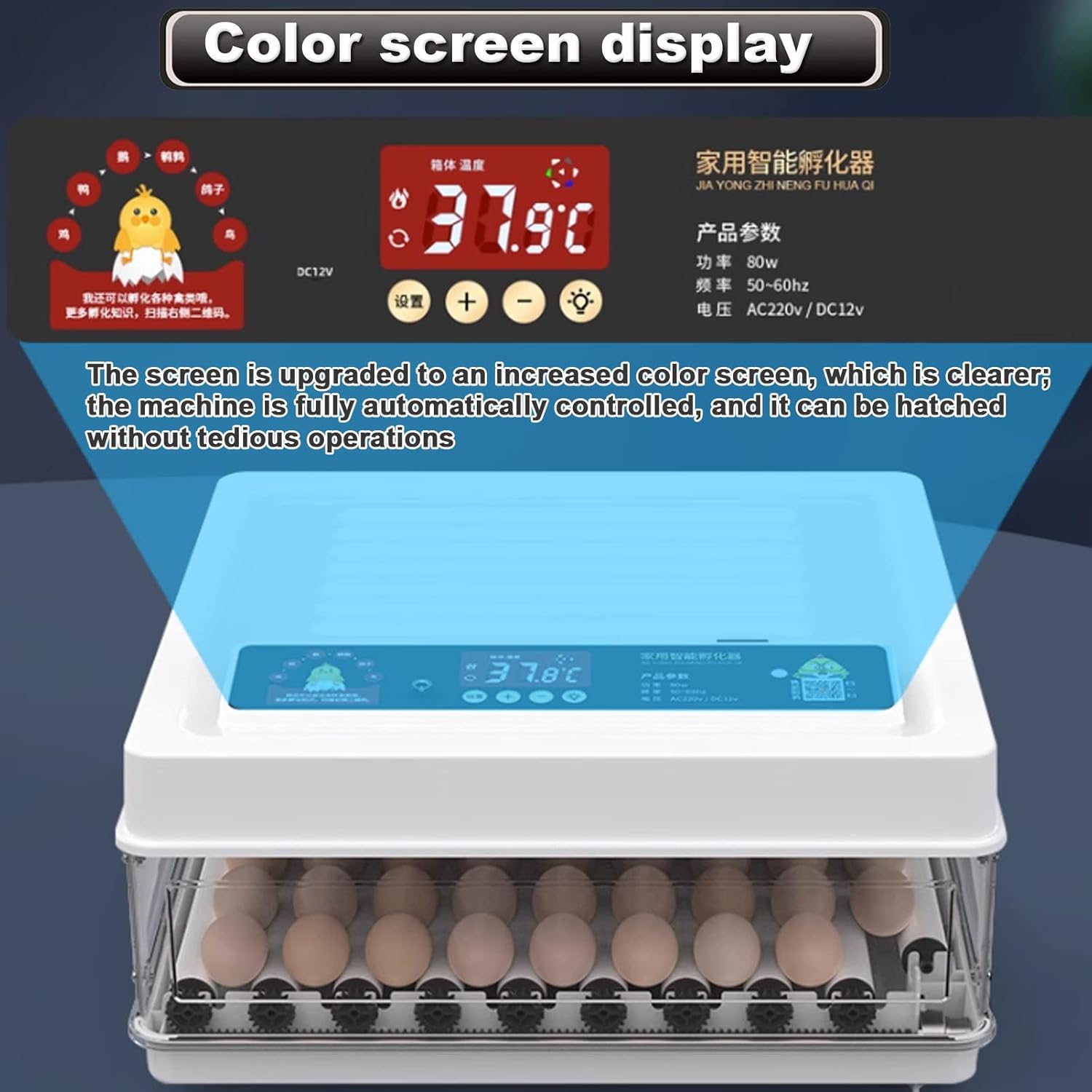 CARLA HOME 70 Egg Incubator with Automatic Turning, LED Display, Humidity & Temperature Control, Auto Water V178-36355