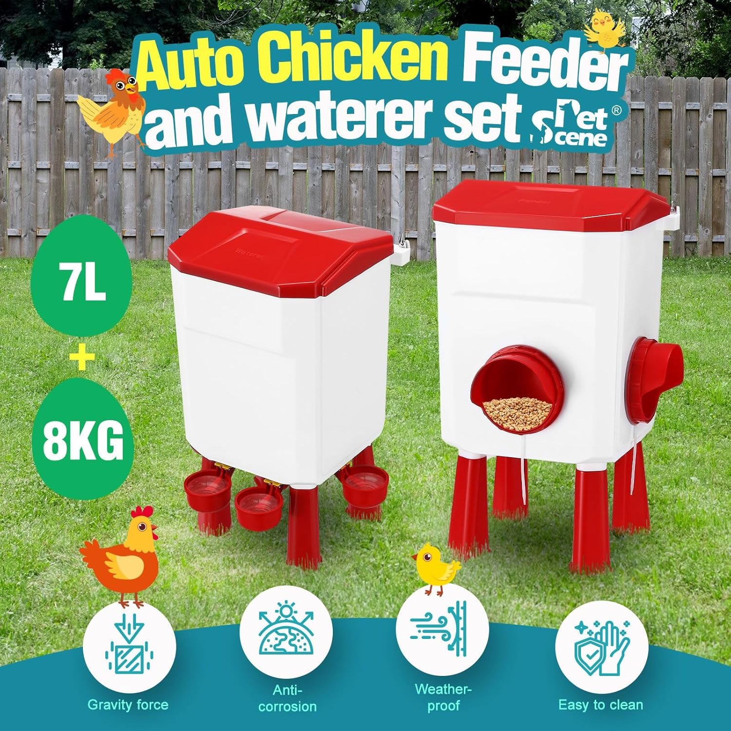 CARLA HOME Automatic Chicken Feeder Waterer Set with 8KG Food 7L Water Capacity for Coop, Chickens, Ducks, V178-36357