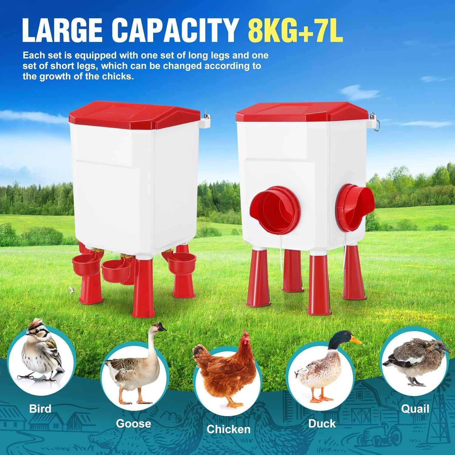 CARLA HOME Automatic Chicken Feeder Waterer Set with 8KG Food 7L Water Capacity for Coop, Chickens, Ducks, V178-36357