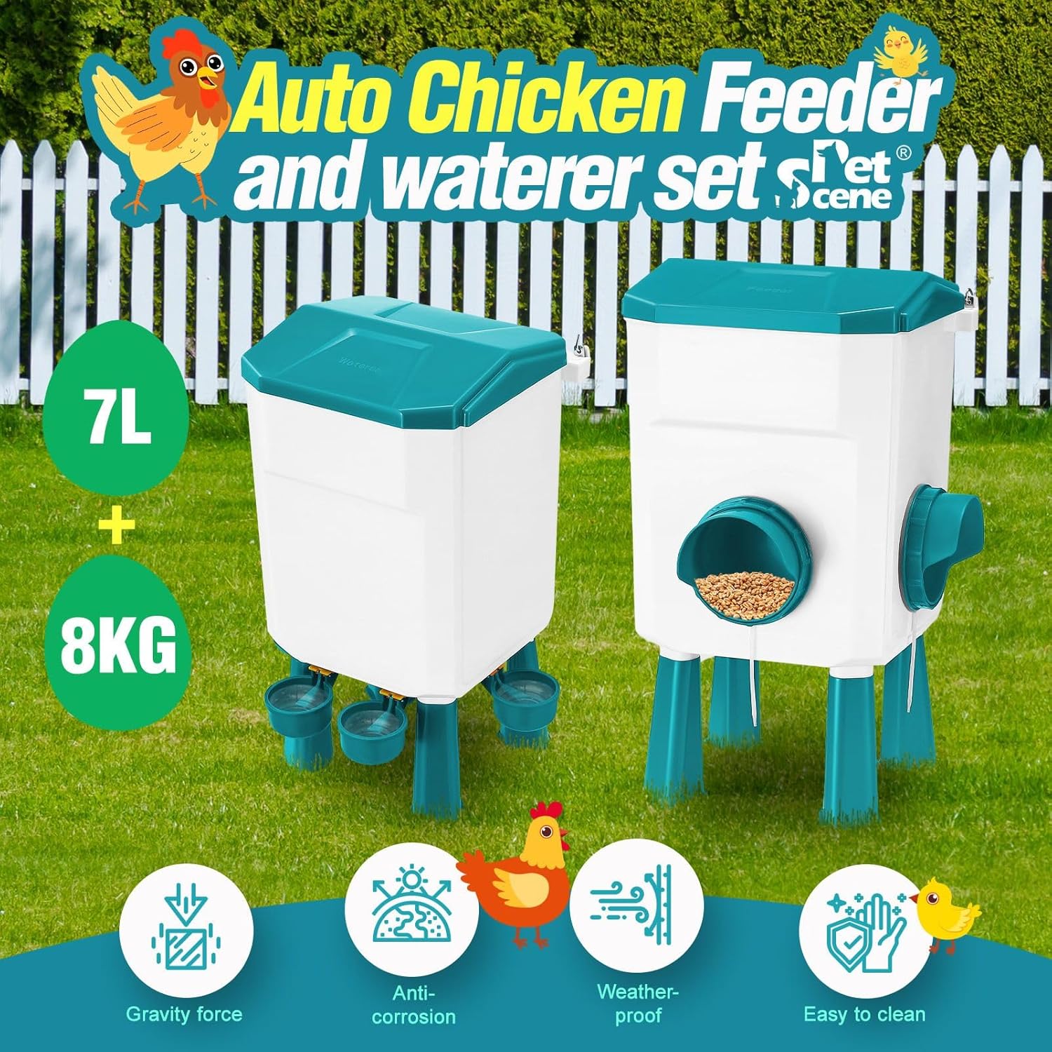 CARLA HOME Automatic Chicken Feeder Waterer Set with 8KG Food 7L Water Capacity for Coop, Chickens, Ducks, V178-36358