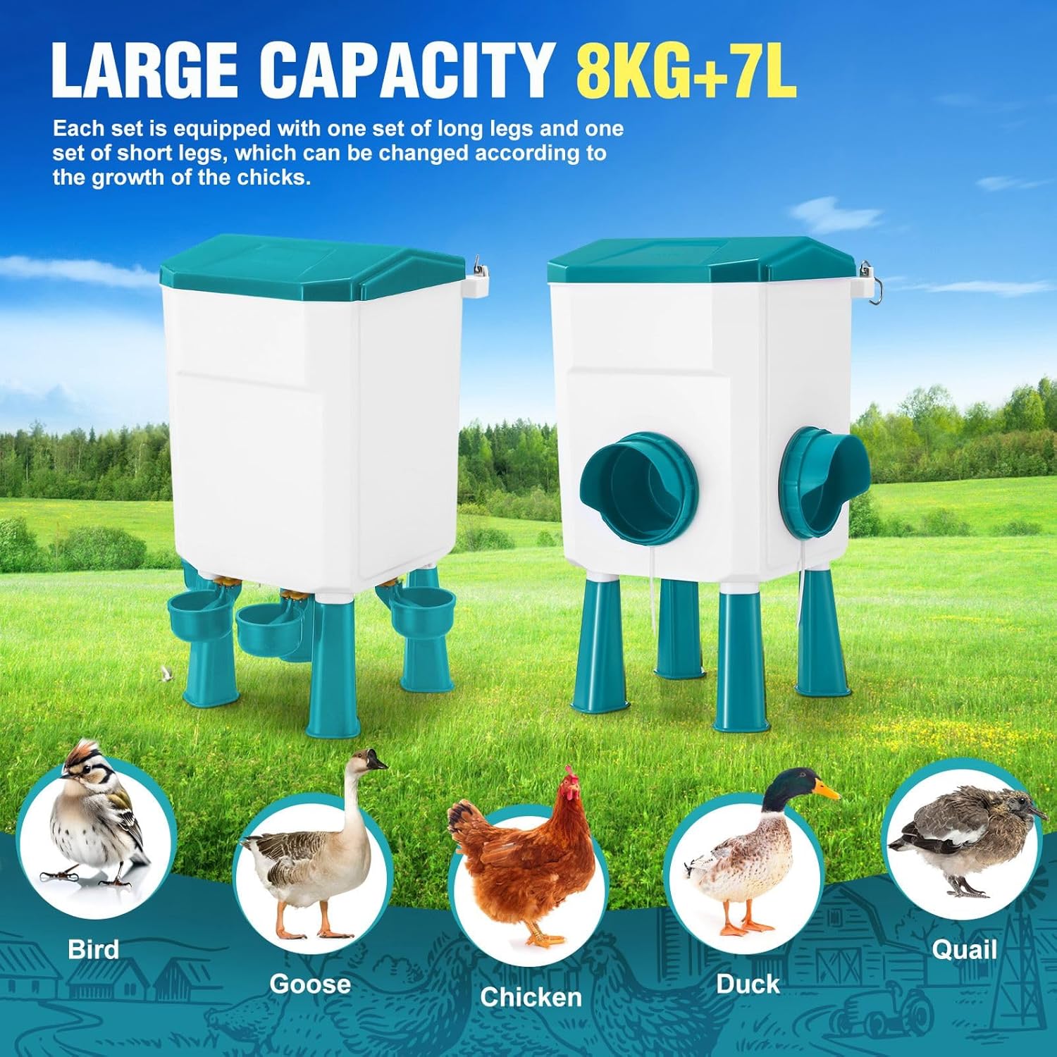 CARLA HOME Automatic Chicken Feeder Waterer Set with 8KG Food 7L Water Capacity for Coop, Chickens, Ducks, V178-36358
