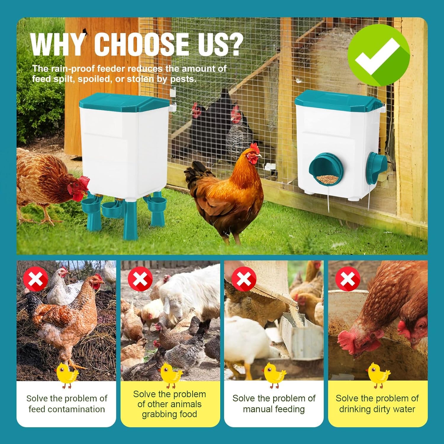 CARLA HOME Automatic Chicken Feeder Waterer Set with 8KG Food 7L Water Capacity for Coop, Chickens, Ducks, V178-36358