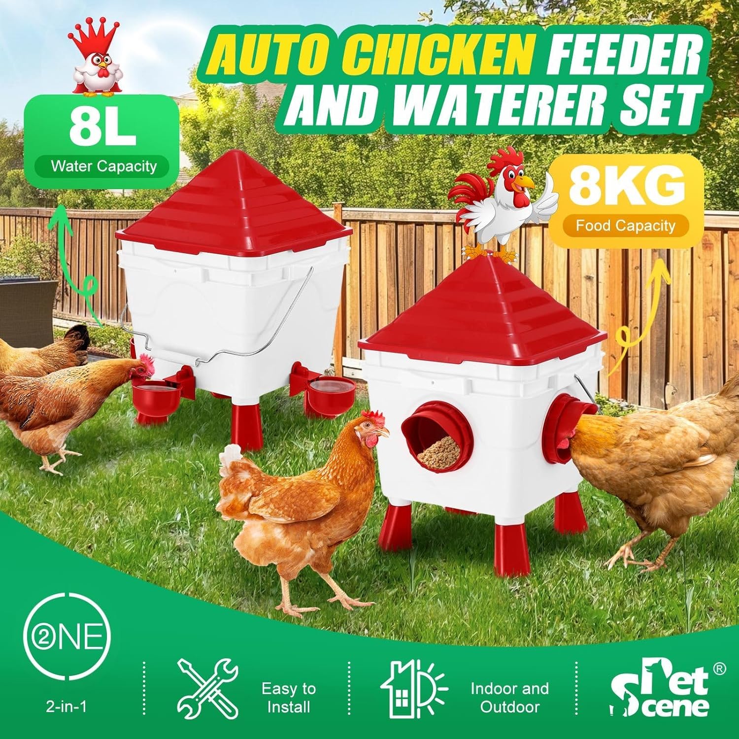 CARLA HOME Chicken Feeder Waterer Set, Automatic Gravity Dispenser with 8KG Food & 8L Water Capacity, 4 Ports V178-36359