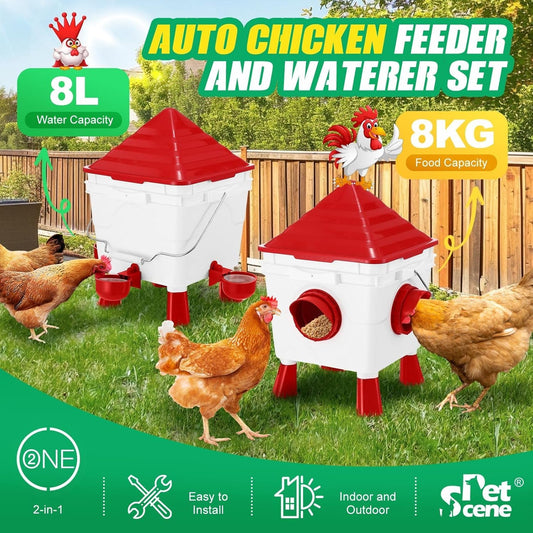 CARLA HOME Chicken Feeder Waterer Set, Automatic Gravity Dispenser with 8KG Food & 8L Water Capacity, 4 Ports V178-36359