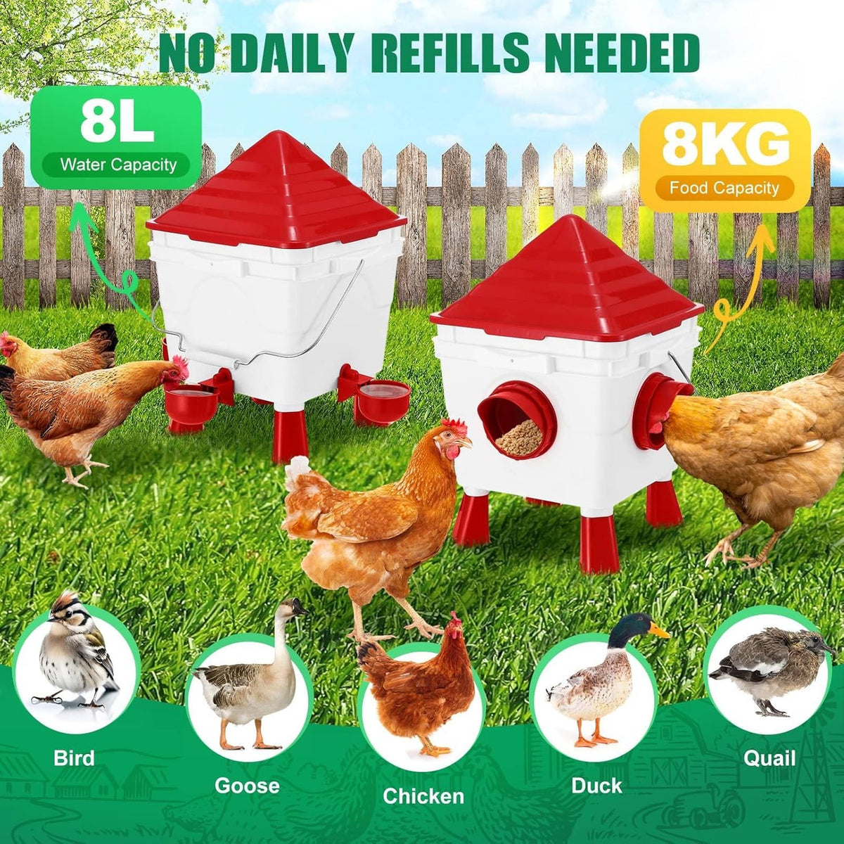 CARLA HOME Chicken Feeder Waterer Set, Automatic Gravity Dispenser with 8KG Food & 8L Water Capacity, 4 Ports V178-36359