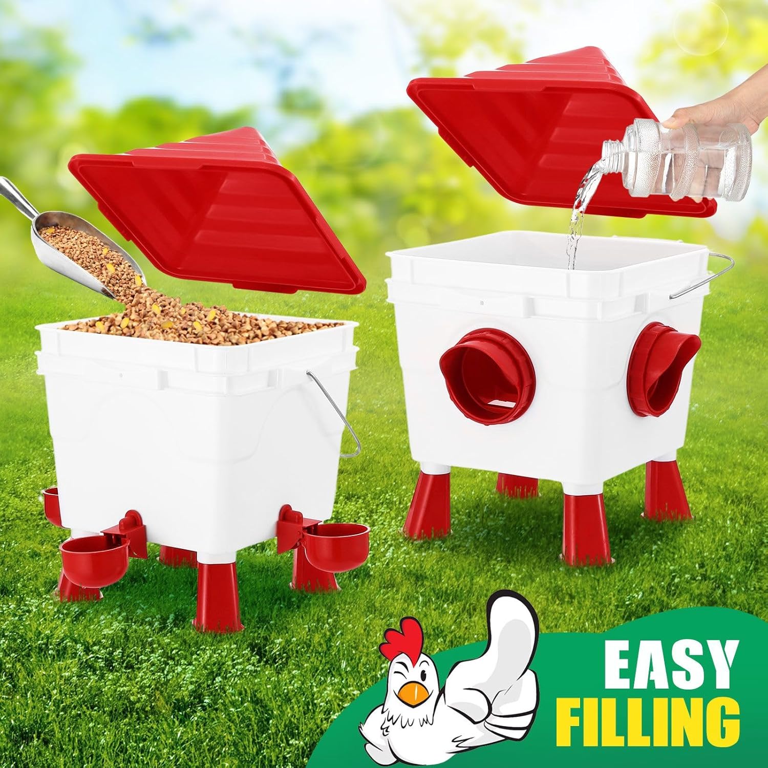 CARLA HOME Chicken Feeder Waterer Set, Automatic Gravity Dispenser with 8KG Food & 8L Water Capacity, 4 Ports V178-36359