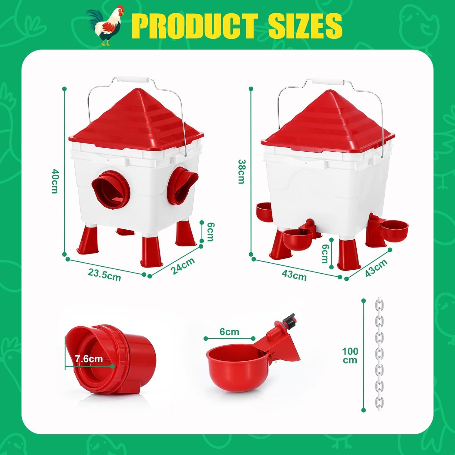 CARLA HOME Chicken Feeder Waterer Set, Automatic Gravity Dispenser with 8KG Food & 8L Water Capacity, 4 Ports V178-36359