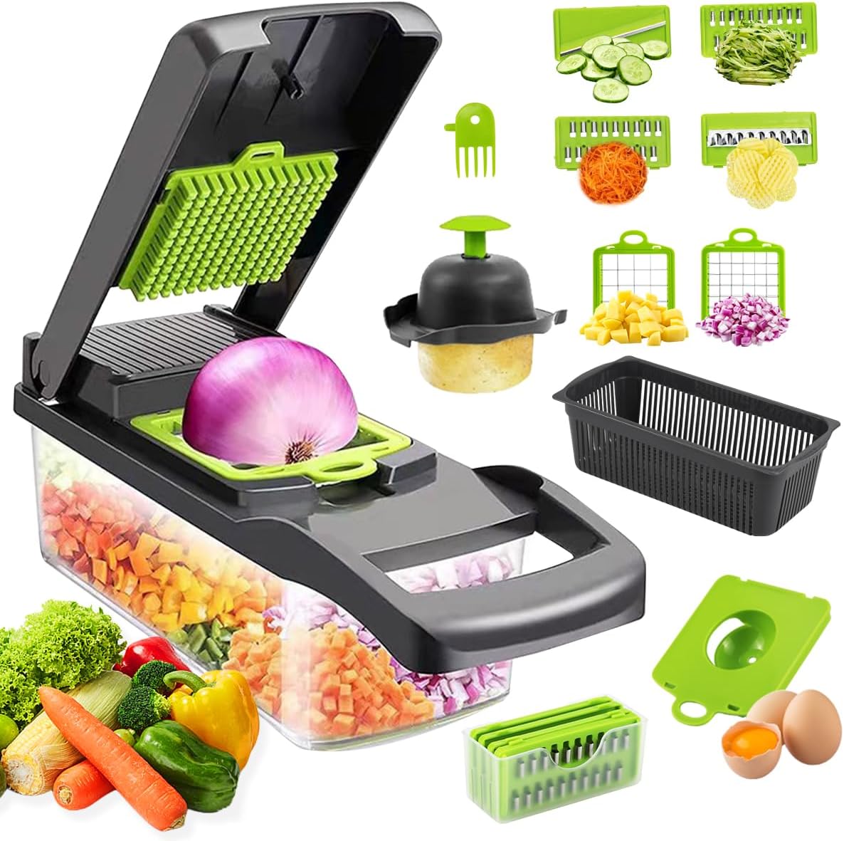CARLA HOME Multifunctional Mandoline Vegetable Chopper 16-in-1 with Stainless Steel Blades, Storage Container V178-36360