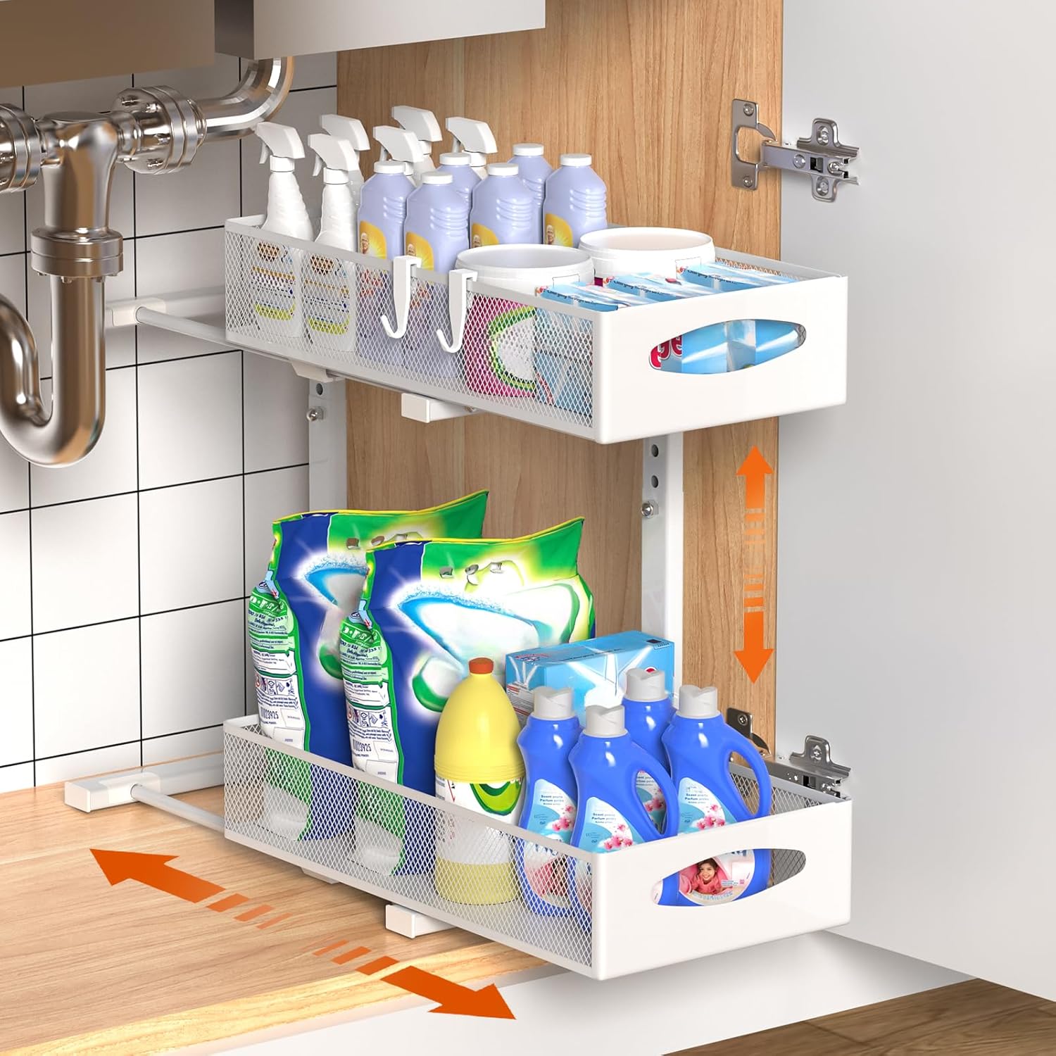 CARLA HOME 2 Tier Under Sink Organizer Pull Out Sliding Cabinet Storage Shelf with Height Adjustable for V178-36363