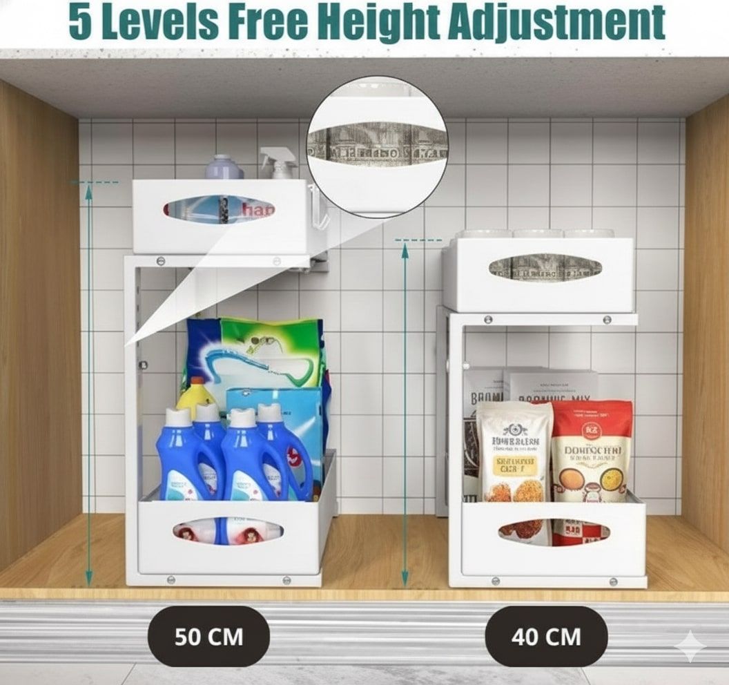 CARLA HOME 2 Tier Under Sink Organizer Pull Out Sliding Cabinet Storage Shelf with Height Adjustable for V178-36363