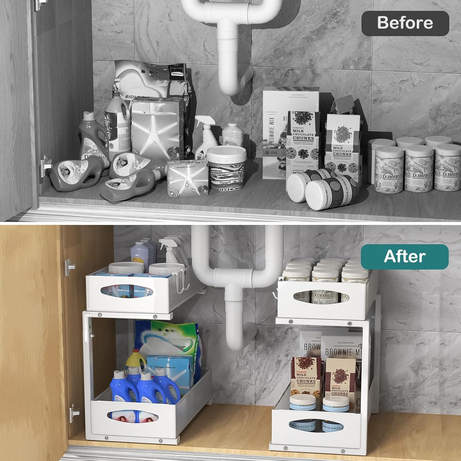 CARLA HOME 2 Tier Under Sink Organizer Pull Out Sliding Cabinet Storage Shelf with Height Adjustable for V178-36363