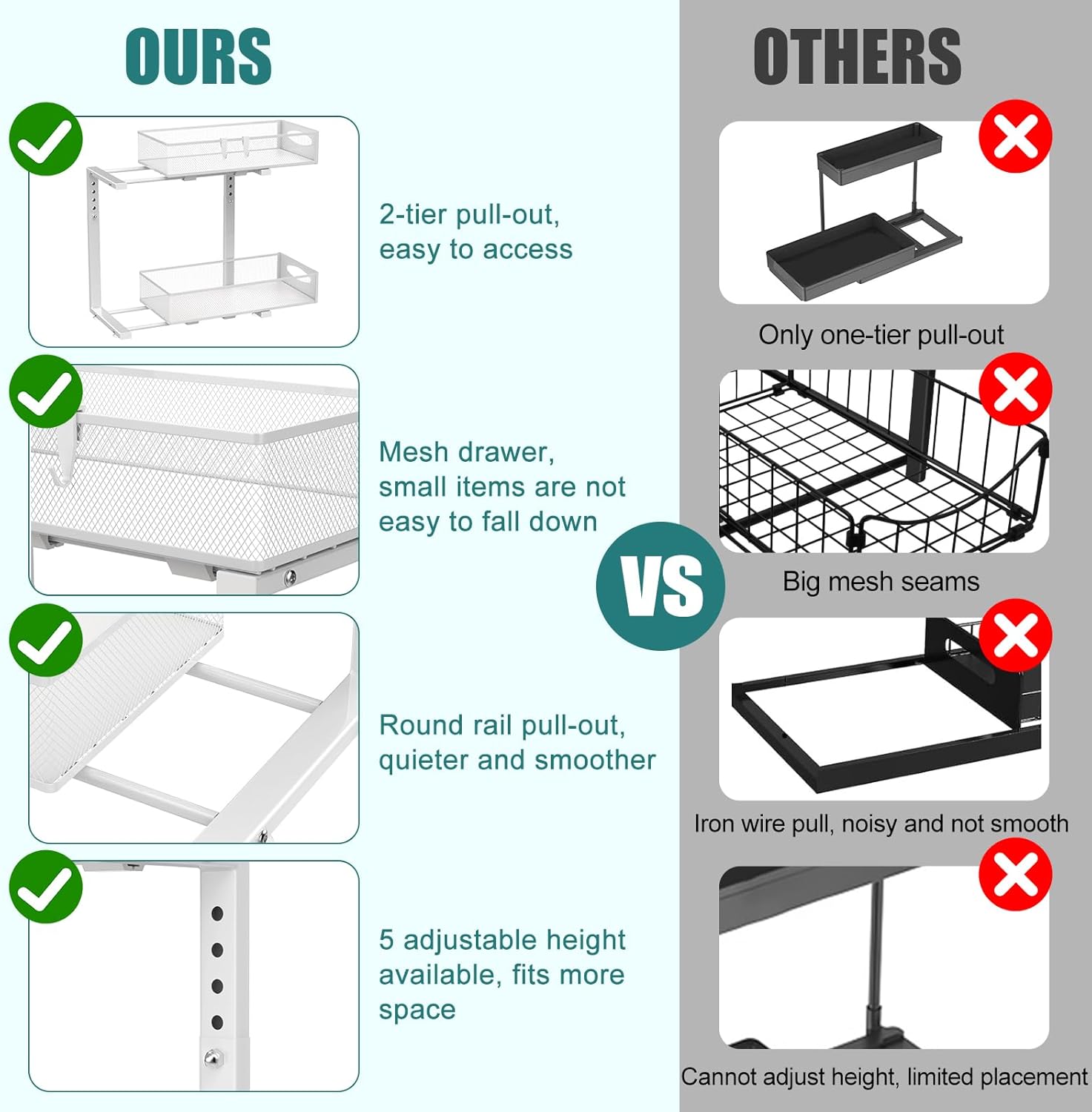 CARLA HOME 2 Tier Under Sink Organizer Pull Out Sliding Cabinet Storage Shelf with Height Adjustable for V178-36363