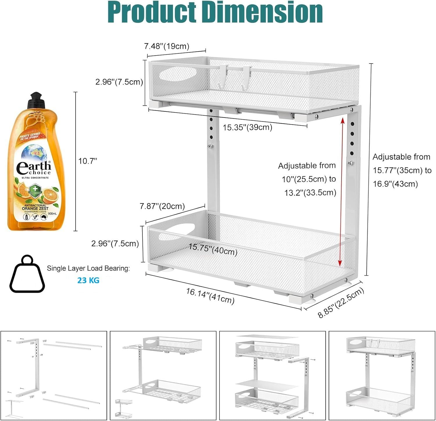 CARLA HOME 2 Tier Under Sink Organizer Pull Out Sliding Cabinet Storage Shelf with Height Adjustable for V178-36363