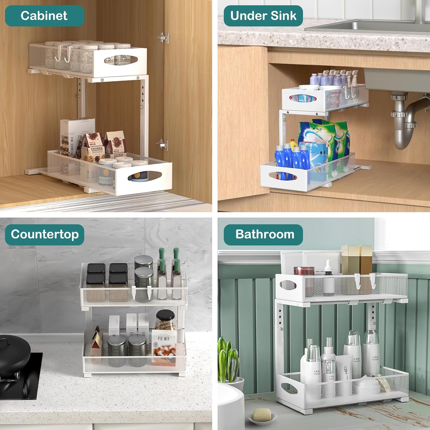 CARLA HOME 2 Tier Under Sink Organizer Pull Out Sliding Cabinet Storage Shelf with Height Adjustable for V178-36363