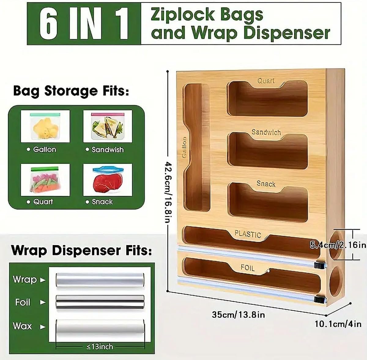 CARLA HOME 6-in-1 Bamboo Kitchen Drawer Organizer with Ziplock Bag Storage, Wrap Dispenser, Cutter for V178-36368