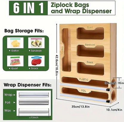 CARLA HOME 6-in-1 Bamboo Kitchen Drawer Organizer with Ziplock Bag Storage, Wrap Dispenser, Cutter for V178-36368