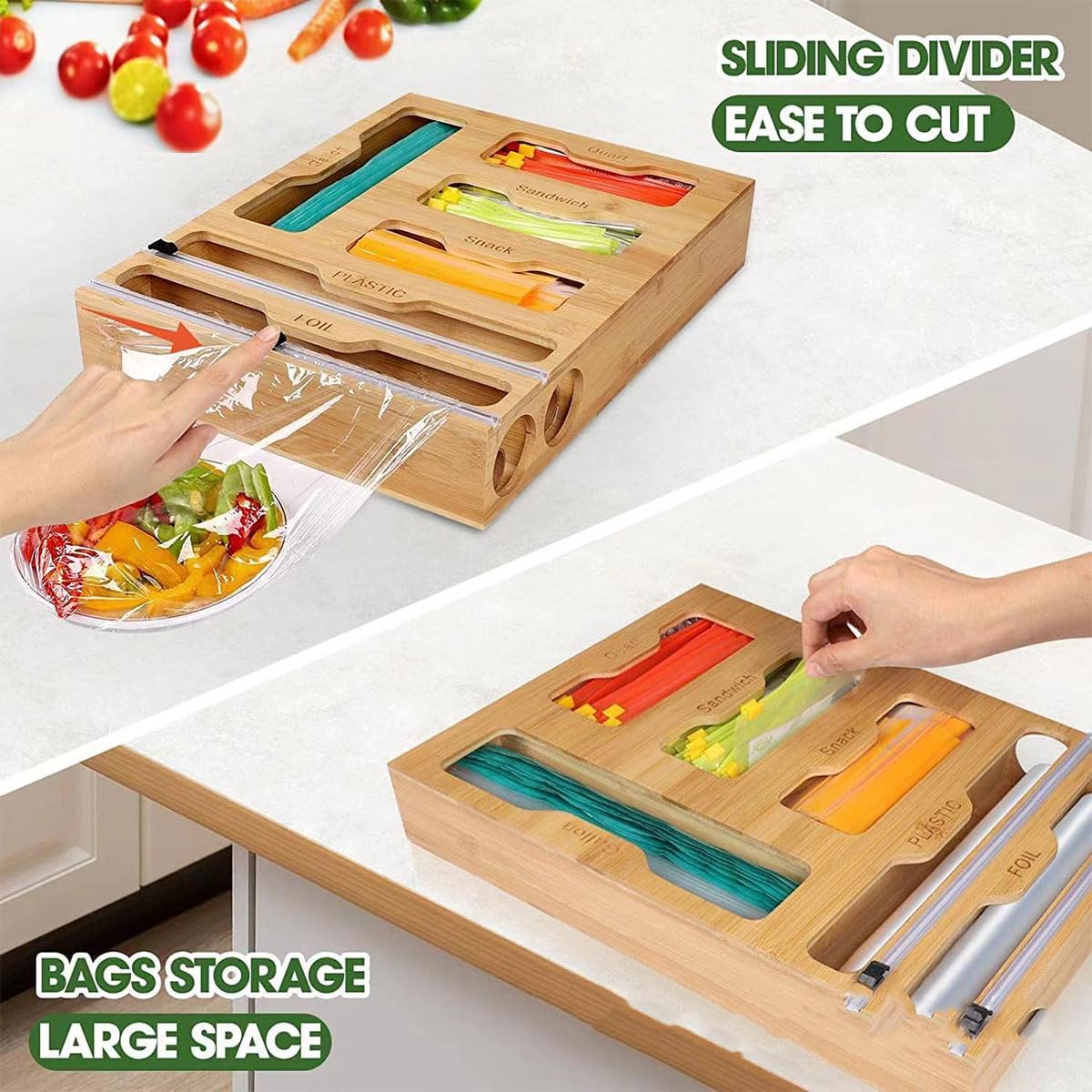 CARLA HOME 6-in-1 Bamboo Kitchen Drawer Organizer with Ziplock Bag Storage, Wrap Dispenser, Cutter for V178-36368