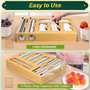 CARLA HOME 6-in-1 Bamboo Kitchen Drawer Organizer with Ziplock Bag Storage, Wrap Dispenser, Cutter for V178-36368