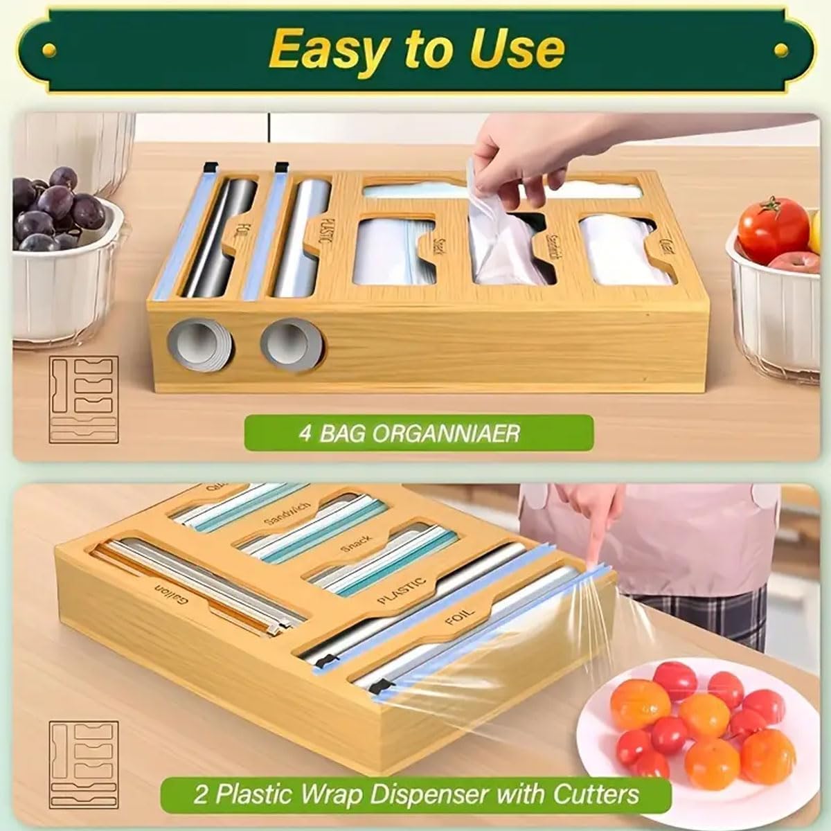 CARLA HOME 6-in-1 Bamboo Kitchen Drawer Organizer with Ziplock Bag Storage, Wrap Dispenser, Cutter for V178-36368