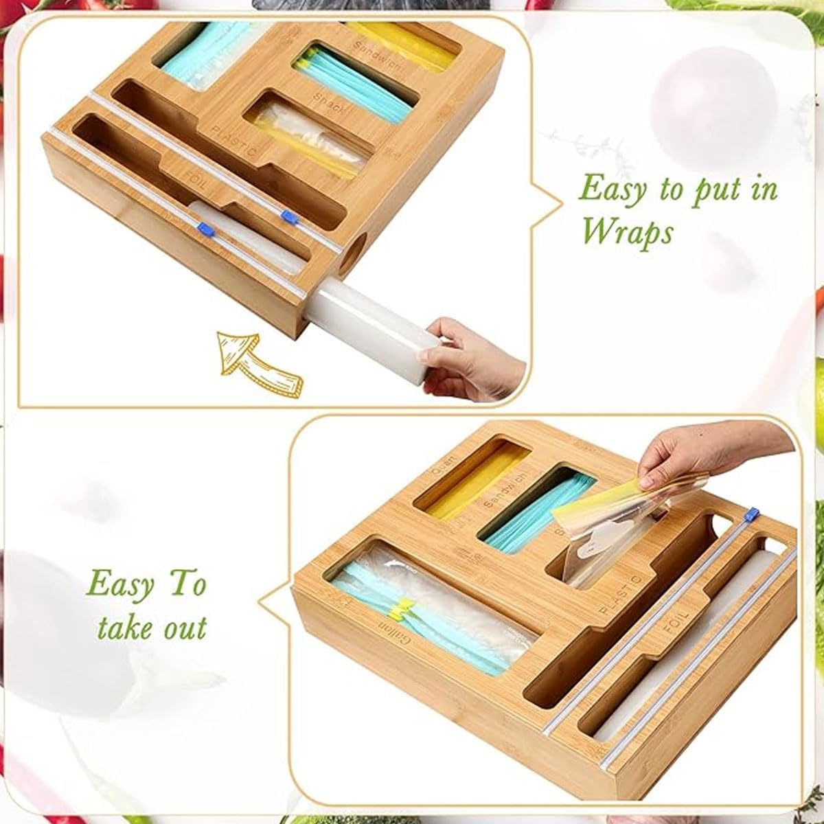 CARLA HOME 6-in-1 Bamboo Kitchen Drawer Organizer with Ziplock Bag Storage, Wrap Dispenser, Cutter for V178-36368