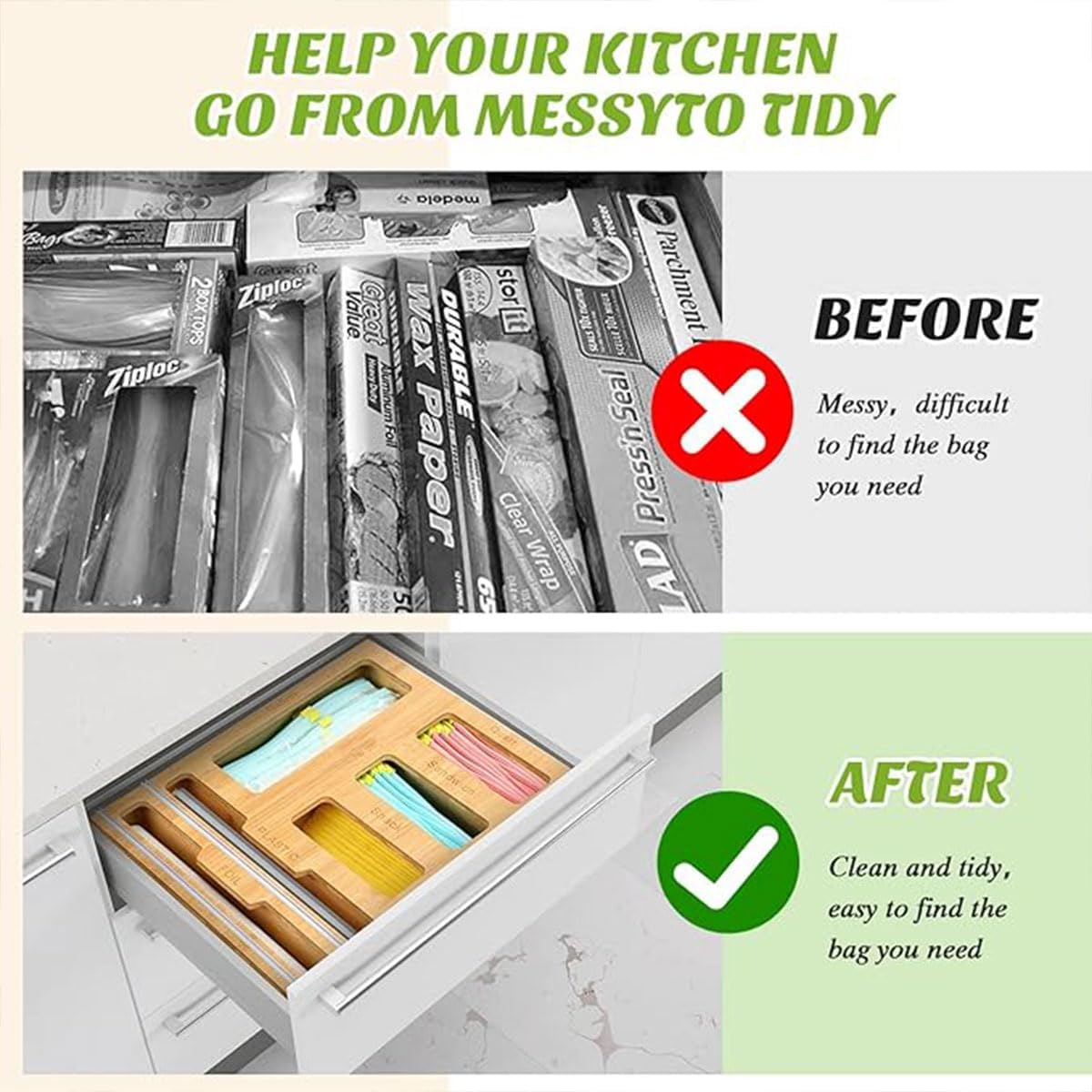 CARLA HOME 6-in-1 Bamboo Kitchen Drawer Organizer with Ziplock Bag Storage, Wrap Dispenser, Cutter for V178-36368