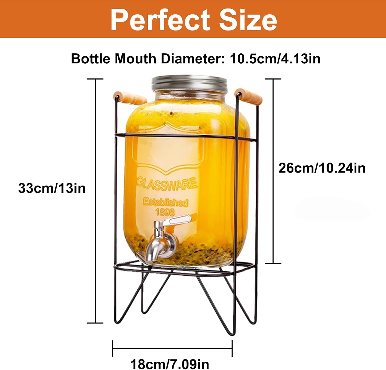 CARLA HOME 5L Glass Drink Dispenser with Metal Stand, Wide Mouth Beverage Jar & Stainless Steel Tap for V178-36369