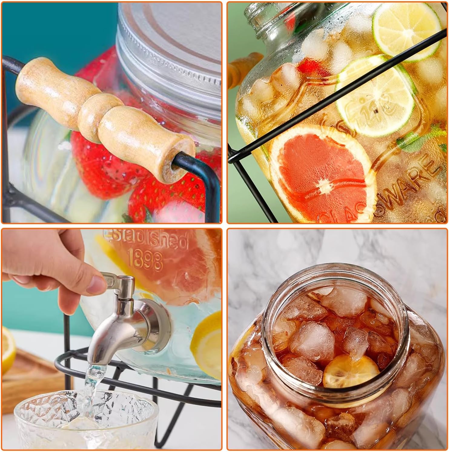 CARLA HOME 5L Glass Drink Dispenser with Metal Stand, Wide Mouth Beverage Jar & Stainless Steel Tap for V178-36369