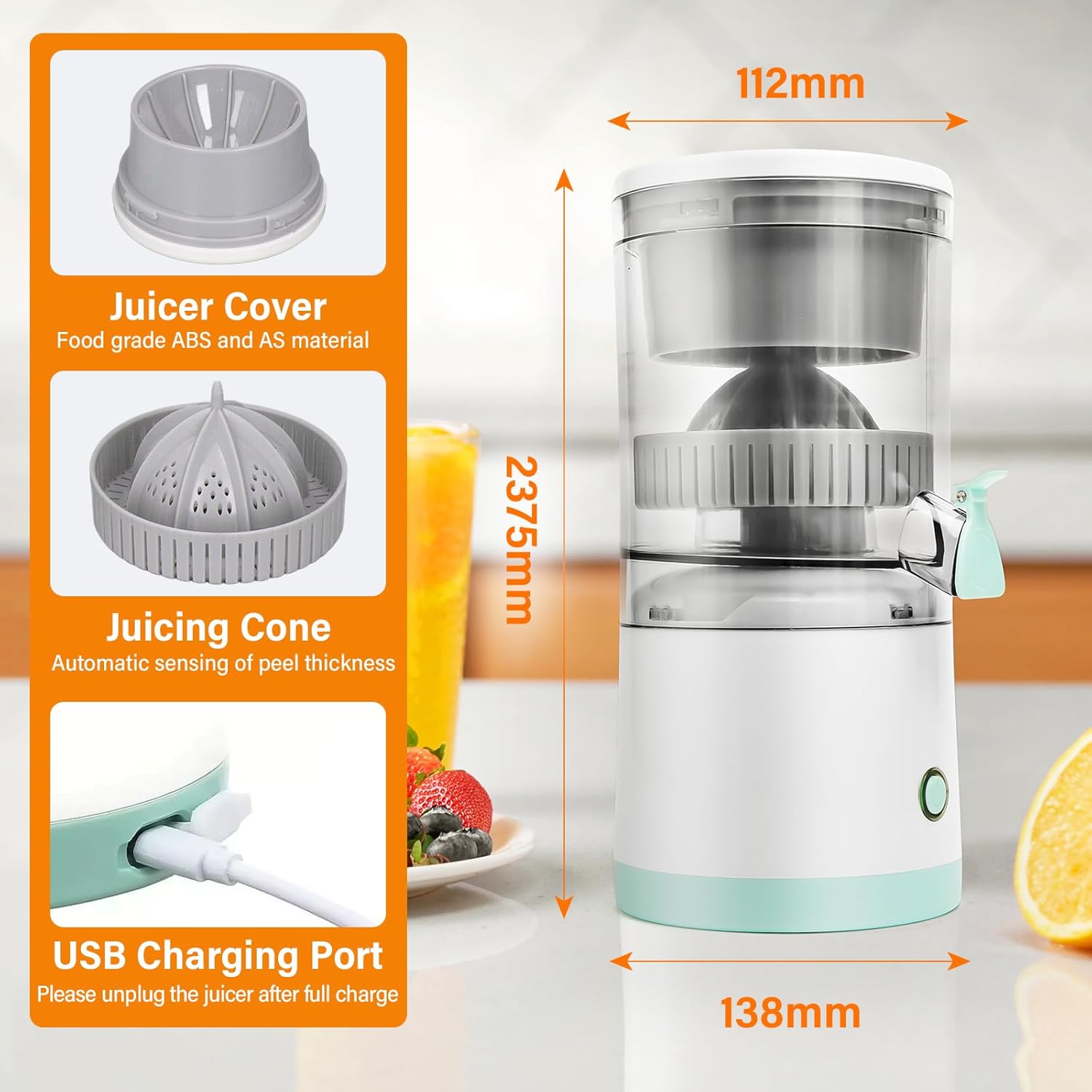 CARLA HOME Hands-Free Citrus Juicer with USB Rechargeable Electric Fruit Squeezer V178-36370
