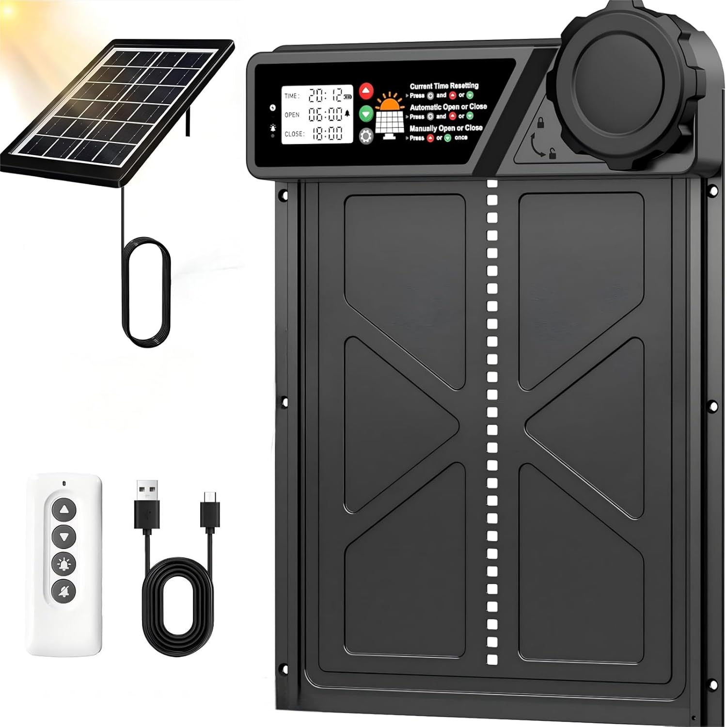 CARLA HOME Solar Automatic Chicken Coop Door with Timer, Light Sensor, Remote Control, Anti-Pinch, LED Screen V178-36374