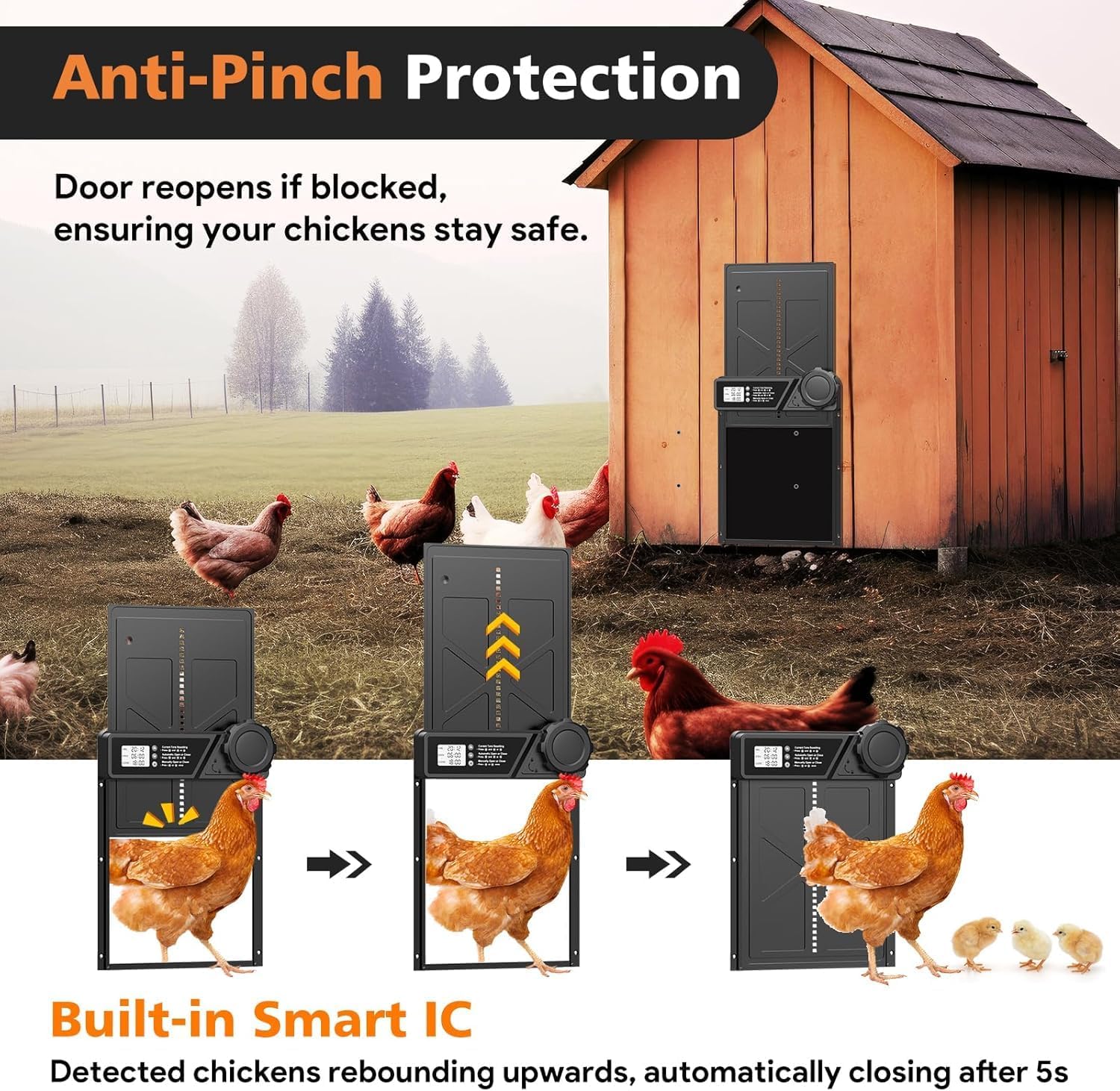 CARLA HOME Solar Automatic Chicken Coop Door with Timer, Light Sensor, Remote Control, Anti-Pinch, LED Screen V178-36374