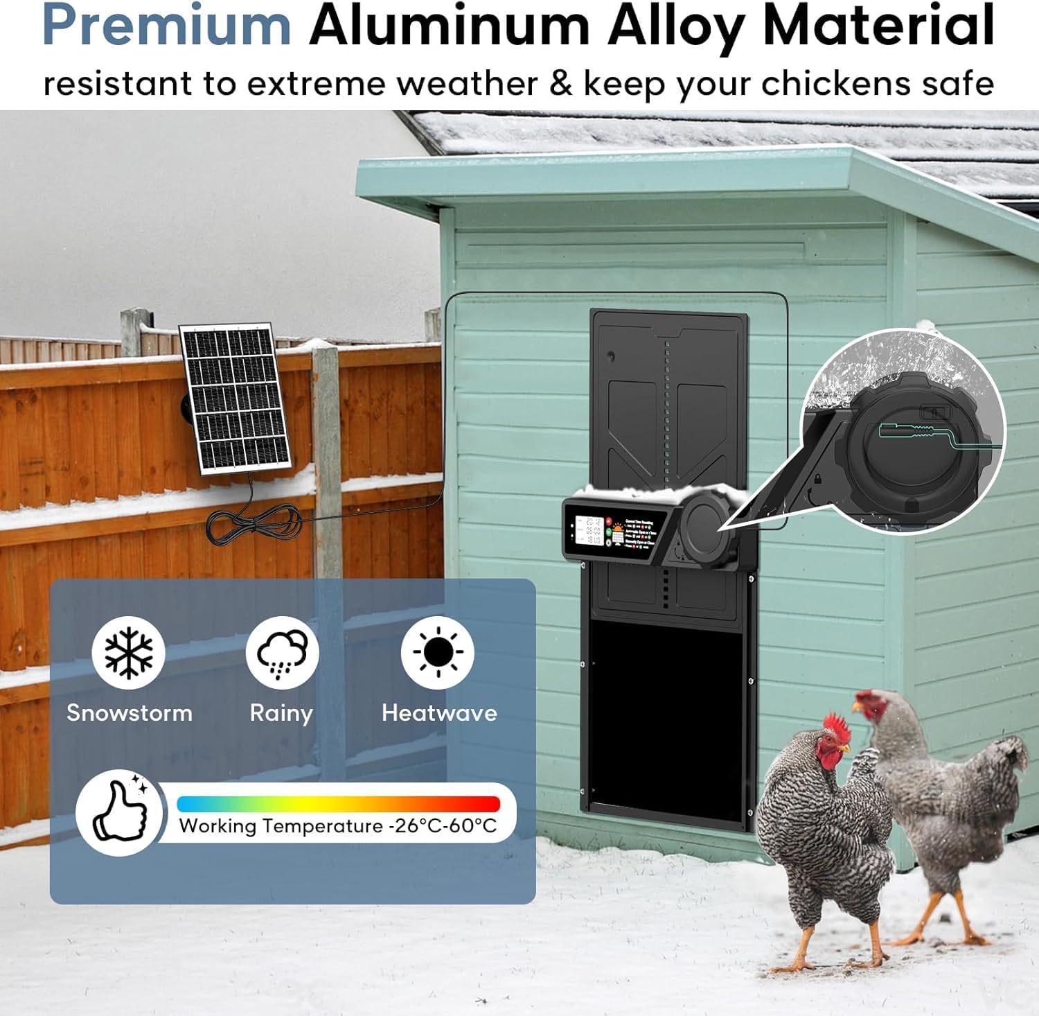 CARLA HOME Solar Automatic Chicken Coop Door with Timer, Light Sensor, Remote Control, Anti-Pinch, LED Screen V178-36374