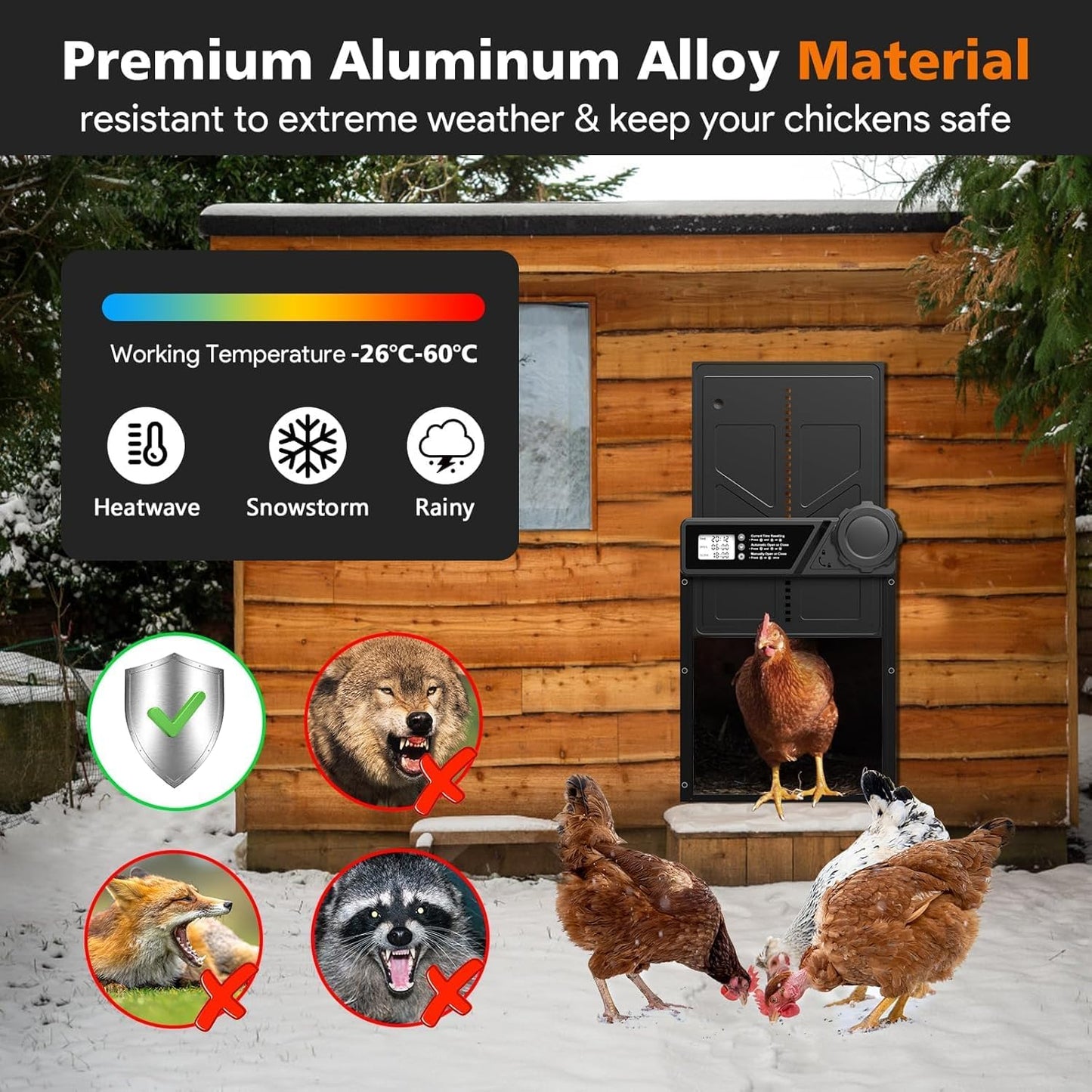 CARLA HOME Solar Automatic Chicken Coop Door with Timer, Light Sensor, Remote Control, Anti-Pinch, LED Screen V178-36374
