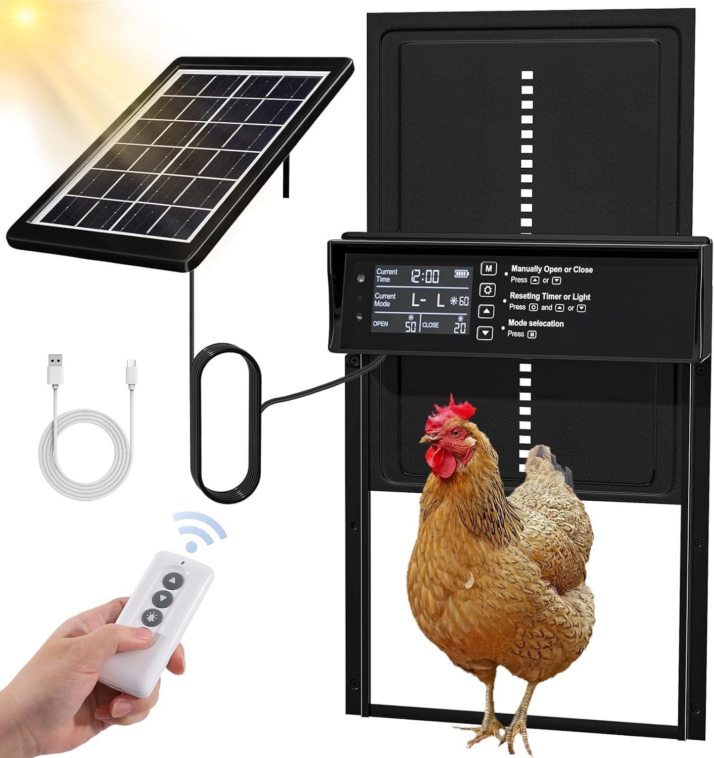CARLA HOME Automatic Chicken Coop Door Solar Powered with 4 Mode Timer & Light Sensor, Anti-Pinch & USB V178-36375