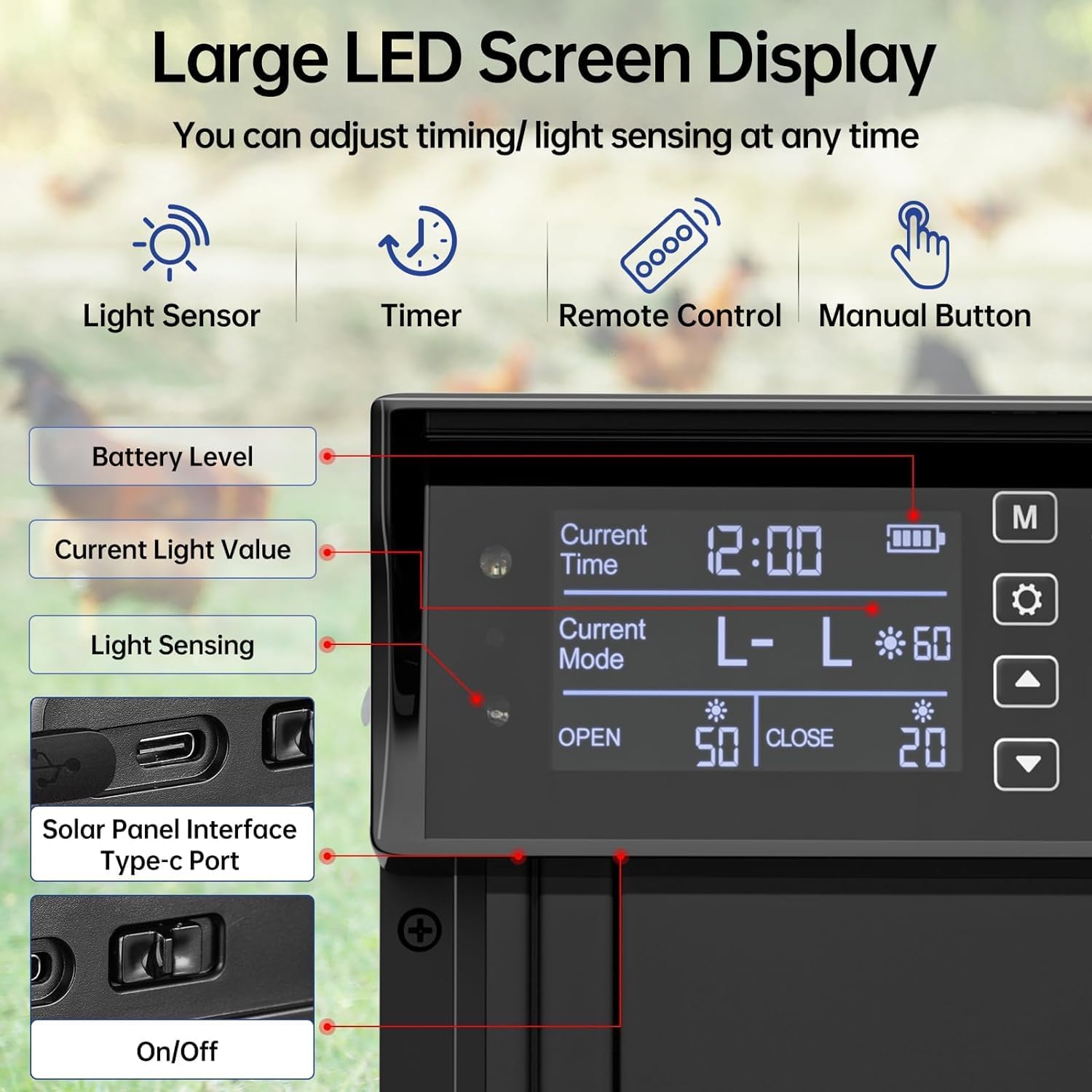 CARLA HOME Automatic Chicken Coop Door Solar Powered with 4 Mode Timer & Light Sensor, Anti-Pinch & USB V178-36375