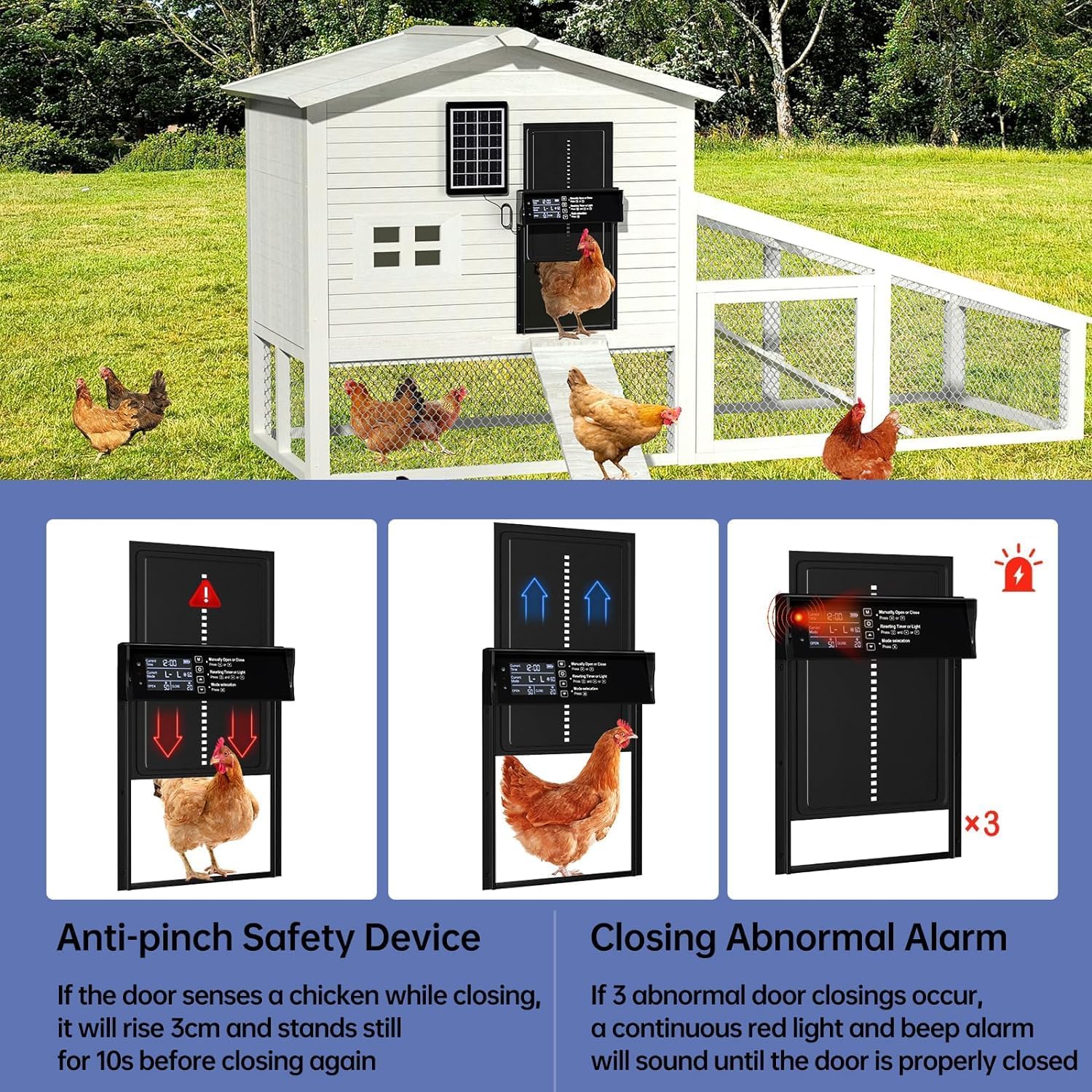 CARLA HOME Automatic Chicken Coop Door Solar Powered with 4 Mode Timer & Light Sensor, Anti-Pinch & USB V178-36375