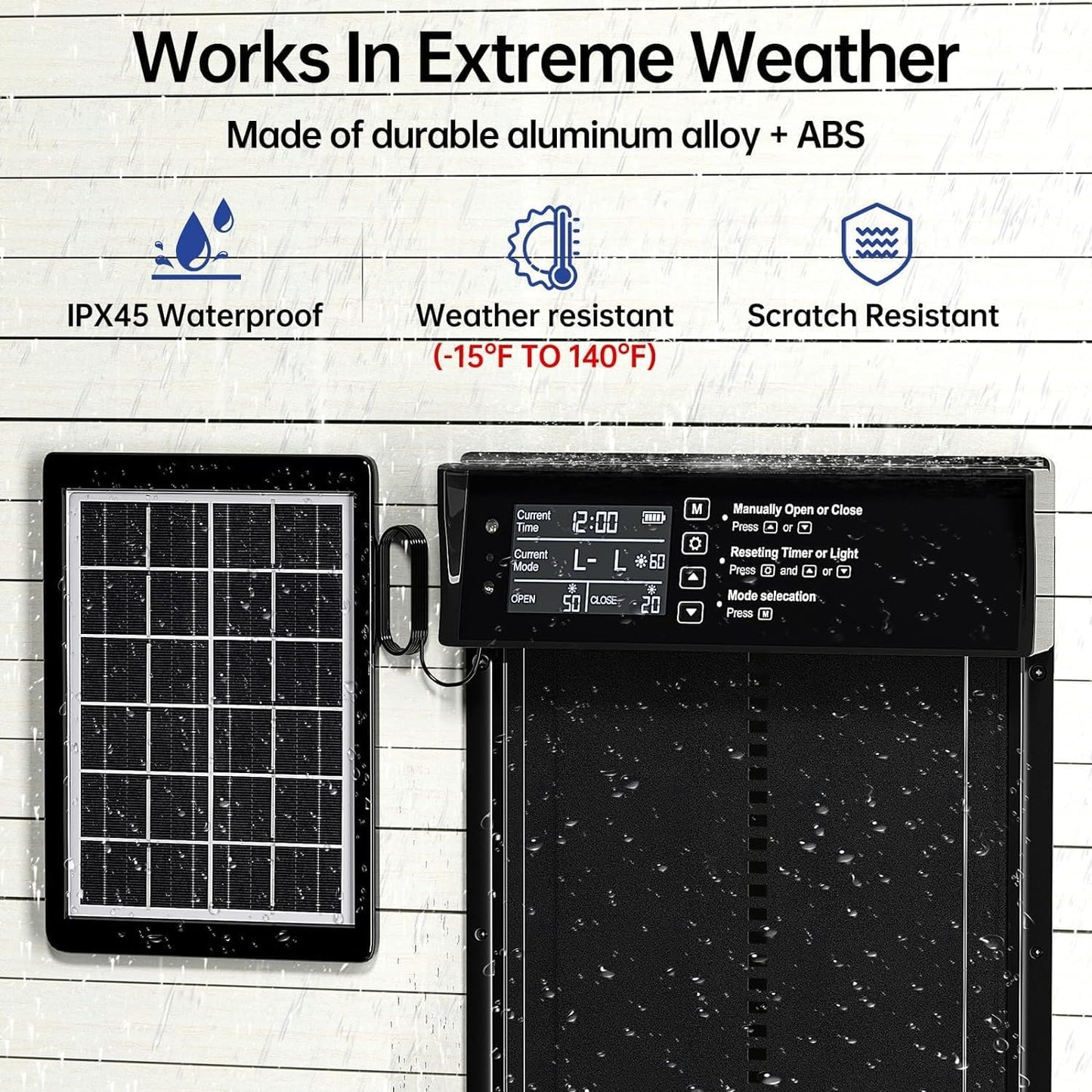 CARLA HOME Automatic Chicken Coop Door Solar Powered with 4 Mode Timer & Light Sensor, Anti-Pinch & USB V178-36375