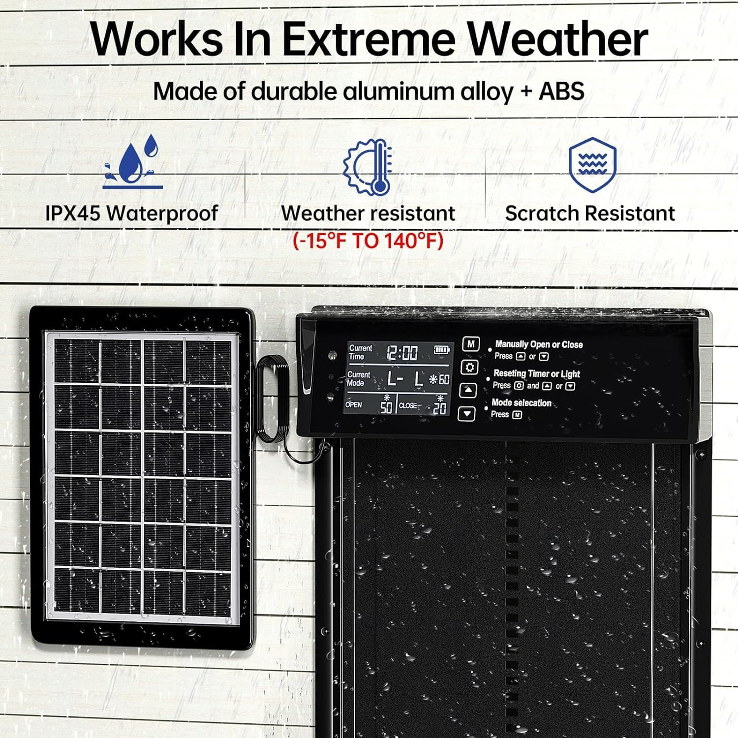 CARLA HOME Automatic Chicken Coop Door Solar Powered with 4 Mode Timer & Light Sensor, Anti-Pinch & USB V178-36375
