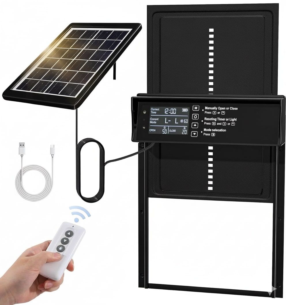 CARLA HOME Automatic Chicken Coop Door Solar Powered with 4 Mode Timer & Light Sensor, Anti-Pinch & USB V178-36375