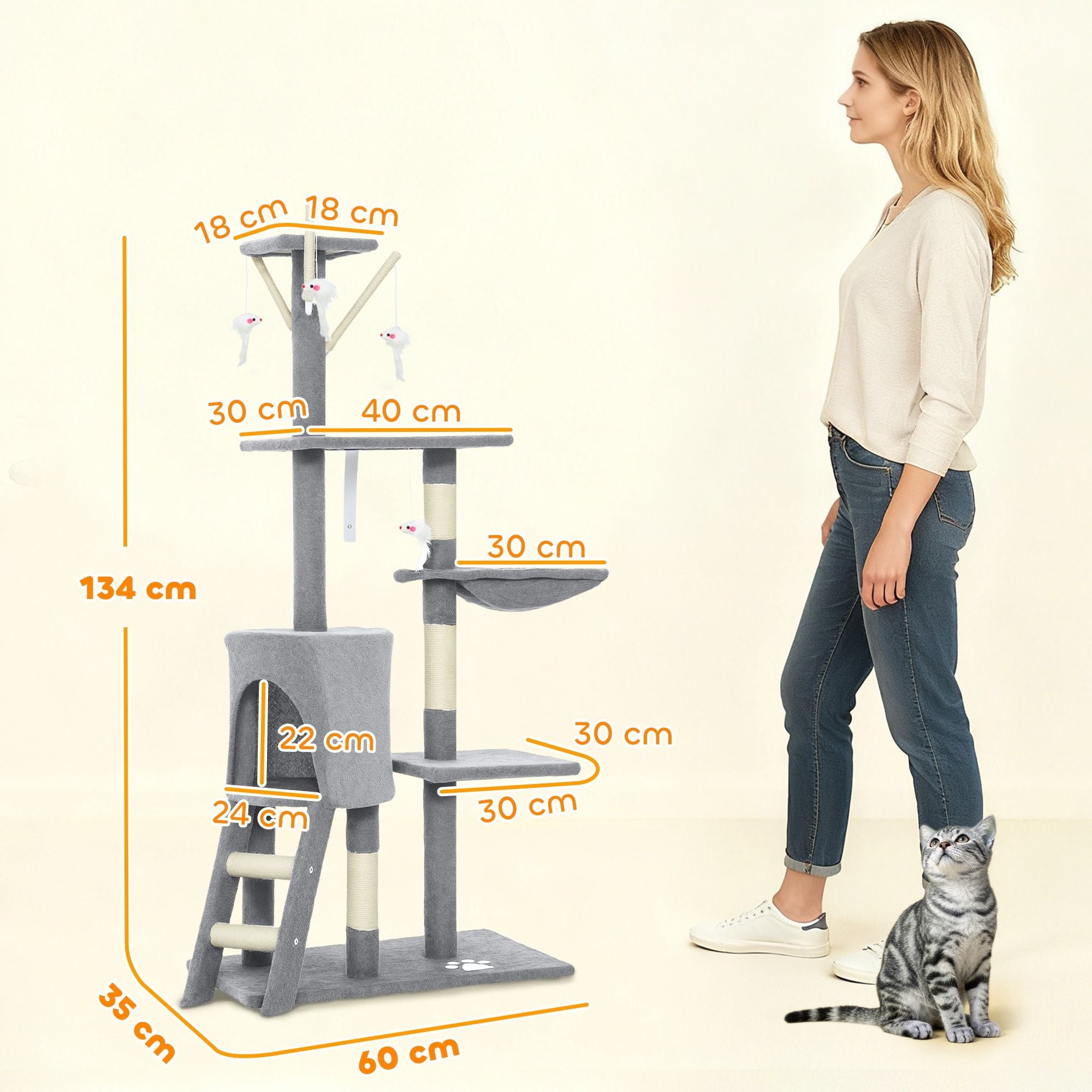 CARLA HOME 134cm Cat Tree for Indoor Cats with Hammock, Plush Perch & Sisal Scratching Posts for Kittens & V178-36378