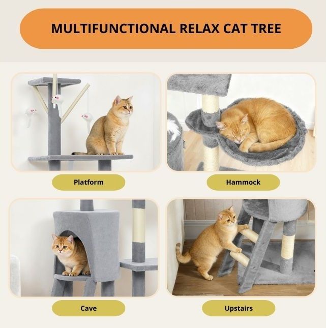 CARLA HOME 134cm Cat Tree for Indoor Cats with Hammock, Plush Perch & Sisal Scratching Posts for Kittens & V178-36378