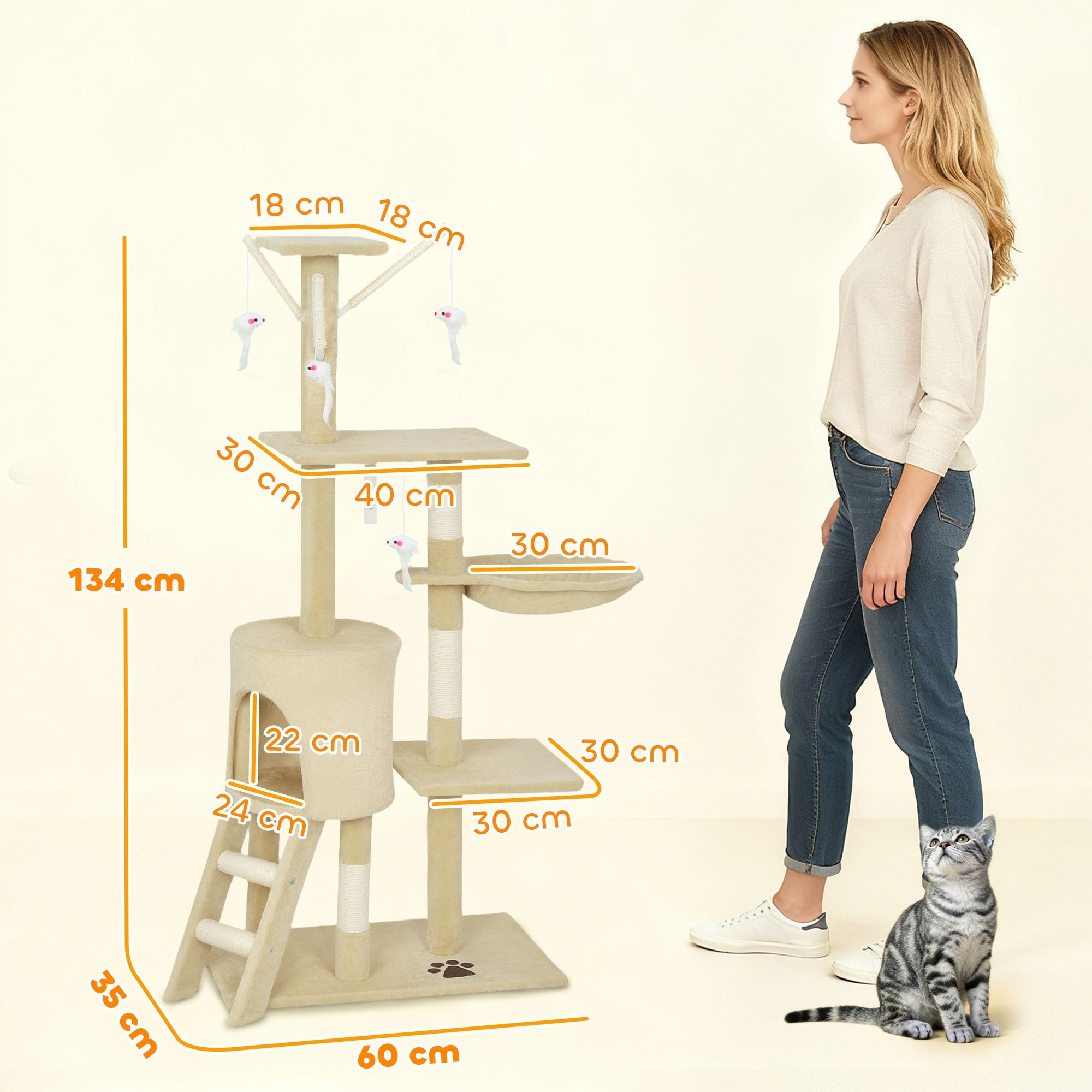 CARLA HOME 134cm Cat Tree for Indoor Cats with Hammock, Plush Perch & Sisal Scratching Posts for Kittens & V178-36379
