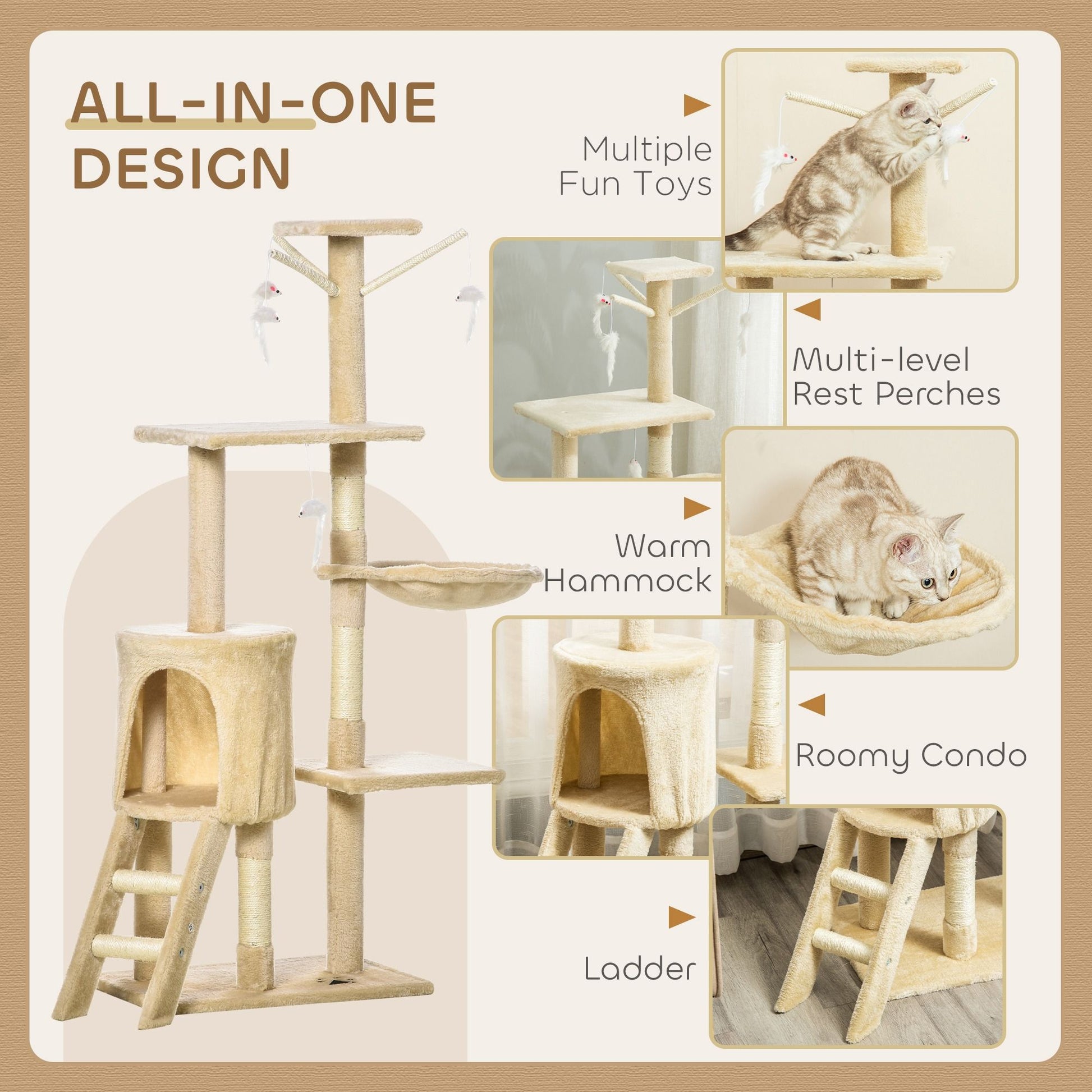 CARLA HOME 134cm Cat Tree for Indoor Cats with Hammock, Plush Perch & Sisal Scratching Posts for Kittens & V178-36379