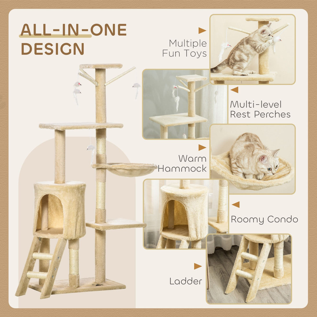 CARLA HOME 134cm Cat Tree for Indoor Cats with Hammock, Plush Perch & Sisal Scratching Posts for Kittens & V178-36379