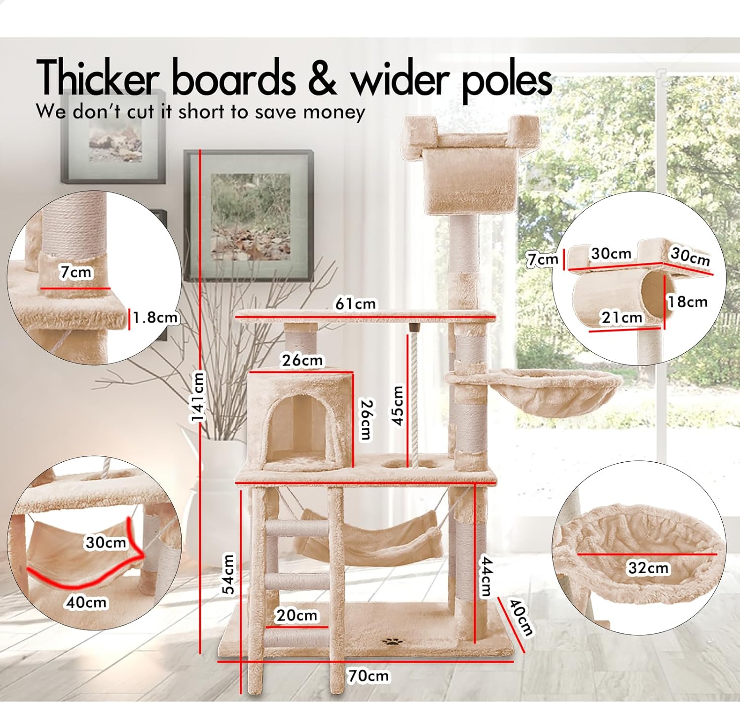 CARLA HOME 141cm Cat Tree Tower for Indoor Cats with Plush Perch, Ladder, Sisal Scratching Posts, Hammock & V178-36382