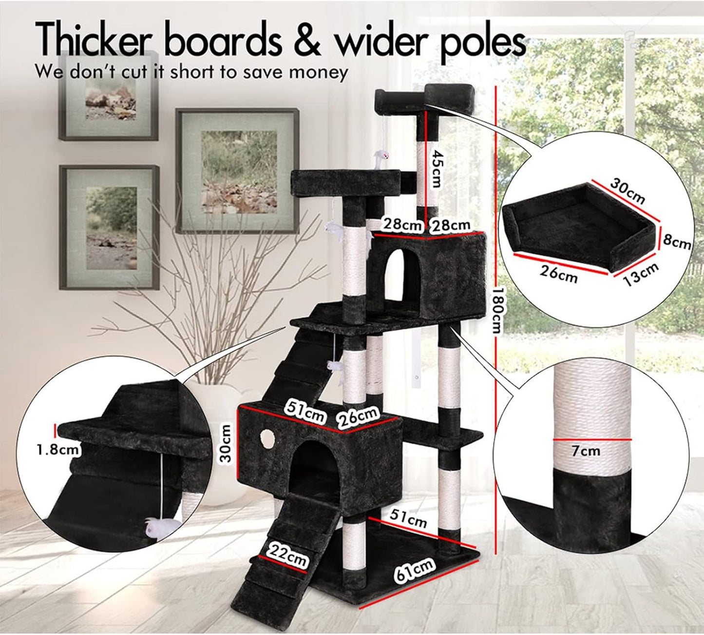CARLA HOME 180cm Cat Tree Tower for Indoor Cats with Dual Condos, Plush Perches, Sisal Scratching Posts & V178-36383