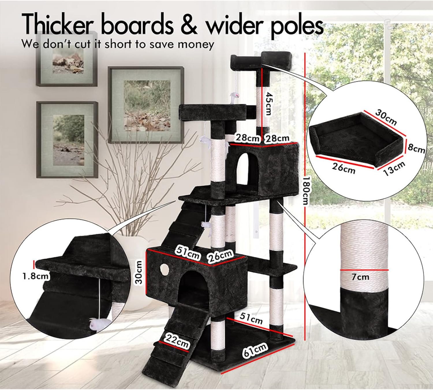 CARLA HOME 180cm Cat Tree Tower for Indoor Cats with Dual Condos, Plush Perches, Sisal Scratching Posts & V178-36385