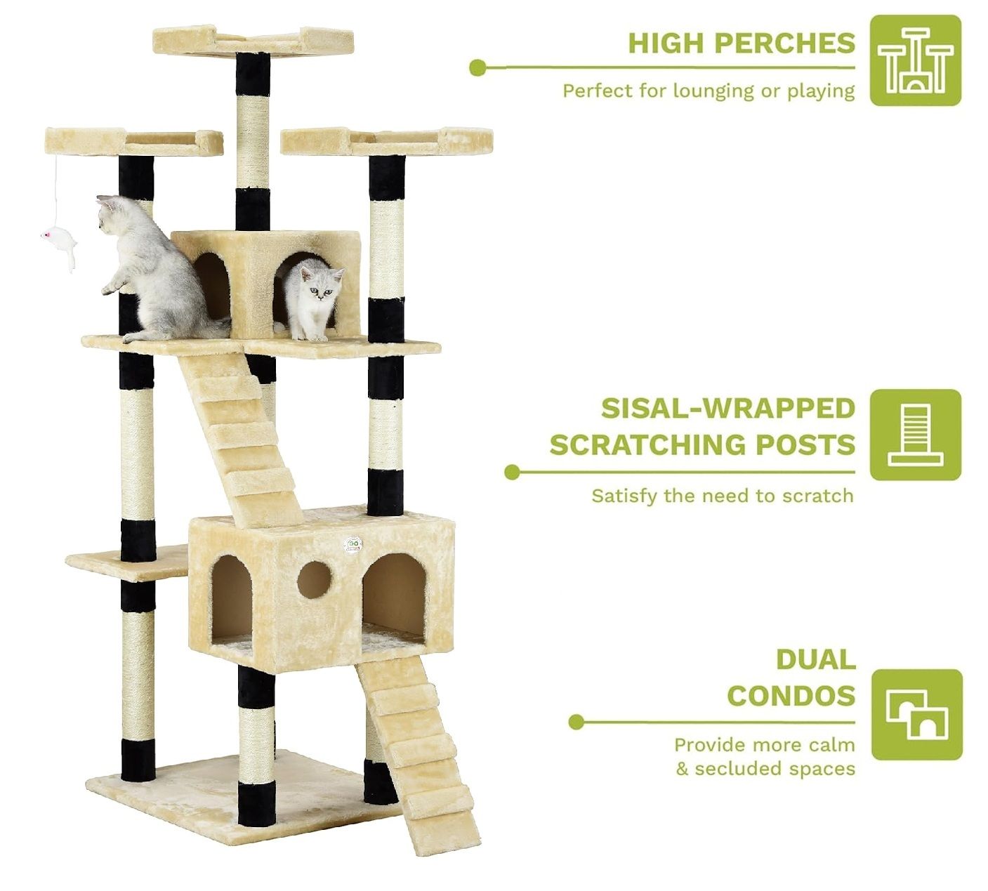CARLA HOME 180cm Cat Tree Tower for Indoor Cats with Dual Condos, Plush Perches, Sisal Scratching Posts & V178-36385