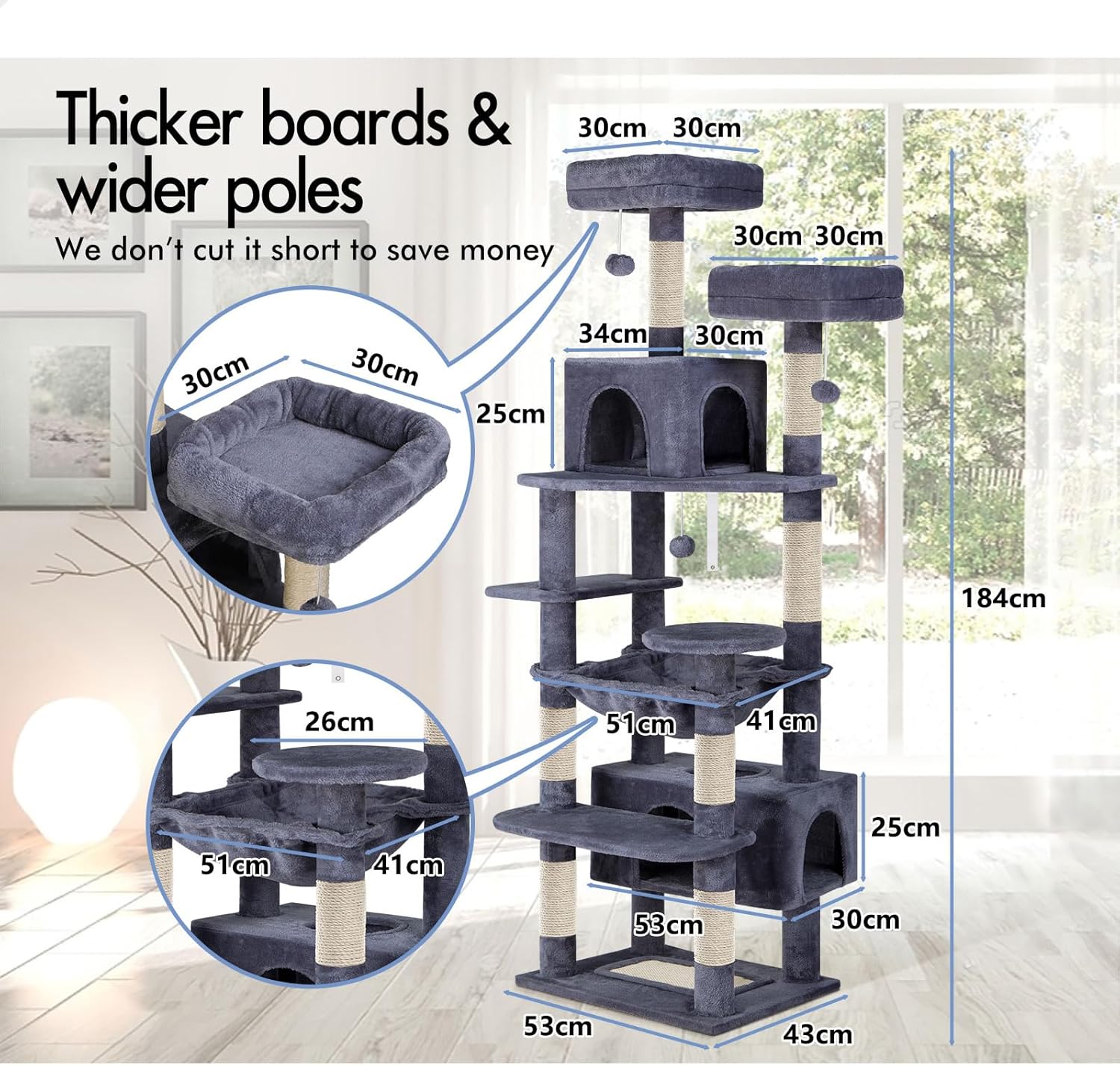 CARLA HOME 180cm Cat Tree Tower for Indoor Cats with Plush Perches, Dual Condos, Natural Sisal Scratching V178-36386